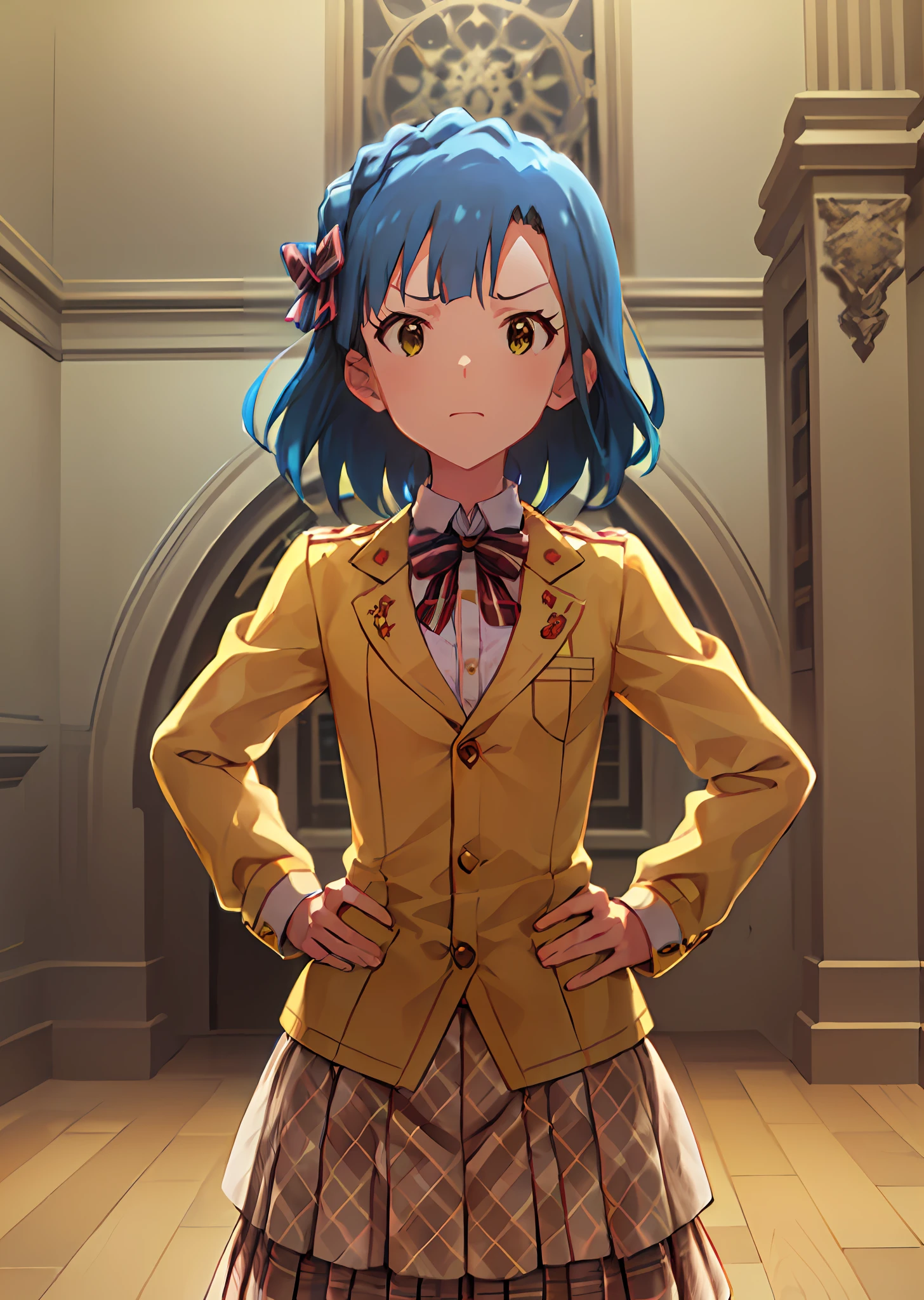 yuriko o (million live). Short stature. white t-shirts. suspenders.Skirt.(((masterpiece))).(((best quality))).((Ultra-detailed))).(((illustratio))). (((Put your hands on your hips))).(((a room))).(((make a fist))).(((up chest))).Despair face.((short-hair)).Medium chest.