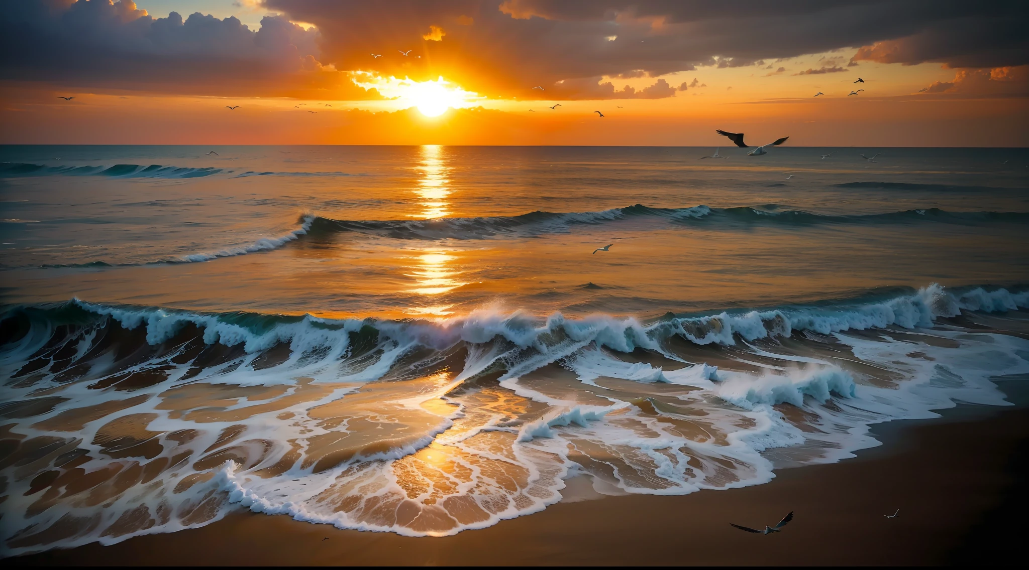 Una puesta de sol absolutamente fascinante sobre la playa, con una mezcla de naranjas, rosas y amarillos que llenan el cielo. Las aguas cristalinas del mar besan suavemente la orilla, con una playa de arena blanca que se extiende a lo largo y ancho. The scene is dynamic and impressive, con gaviotas volando alto en el cielo y palmeras que se balancean suavemente. Novios al pie de la orilla besandose