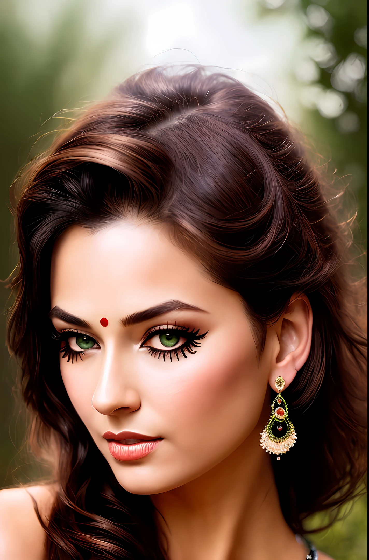 ((realistic:1.5)),((best quality)), ((masterpiece)),((detailed)),
(1girl), (a beautiful female),
(upper body:1.3),super-wide-angle lens,face focus,
mature,sexy,toned muscles,long legs,curvy, barefoot, cleavage,thick thighs,wide hips,
green eyes,long hair,floting hair,long eyelashes,
(detailed face,beautiful eye, detailed pupilss,detailed clothes features, clear background:1.3),
(Bindi,Jhumkas:1.3),
(Dress,Armlet, Haar, Payal,Maang Tikka,Jhumkas,Kamarband,Bangles:1.3),
mysterious ancient ruin, lush forests, deep canyons,bridge,river,cliff,cloud, lakes,rock,waterfalls, flowers, grass, fog,vine,tree, smoke,
best shadow,bright details,sharp,perfect composistion,
Intricate, Sharp focus, dramatic,
(specular lighting:1.3),rim light,
photorealistic painting art,by Frank Frazetta,by Julie Bell,by Olivia De Berardinis,by Luis Royo,by boris vallejo,