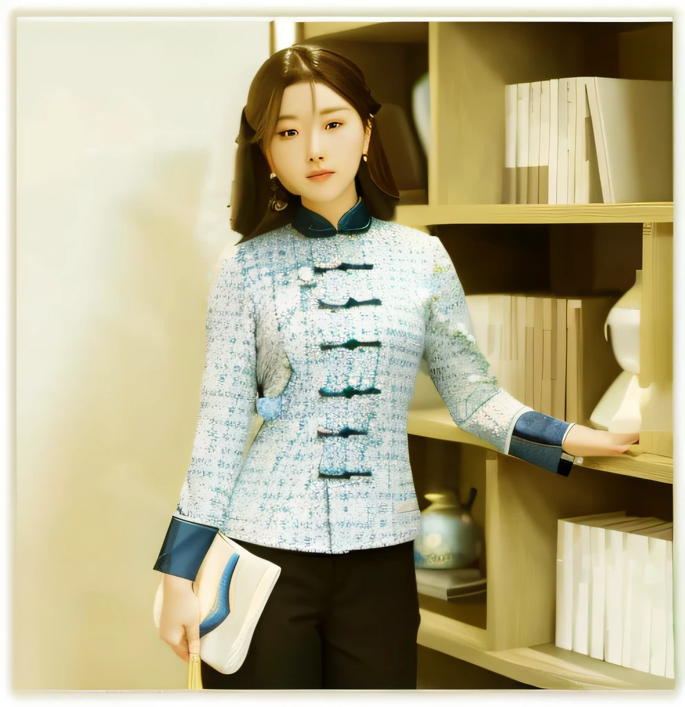 In front of the bookshelf stood a woman, Traditional Chinese clothing, with acient chinese clothes, inspired by Mei Qing, Inspired by Guo Xi, inspired by Hua Yan, inspired by Liu Haisu, inspired by Zhang Yin, inspired by Lin Tinggui, inspired by Zhou Shuxi, inspired by Li Mei-shu, Inspired by Qiu Ying