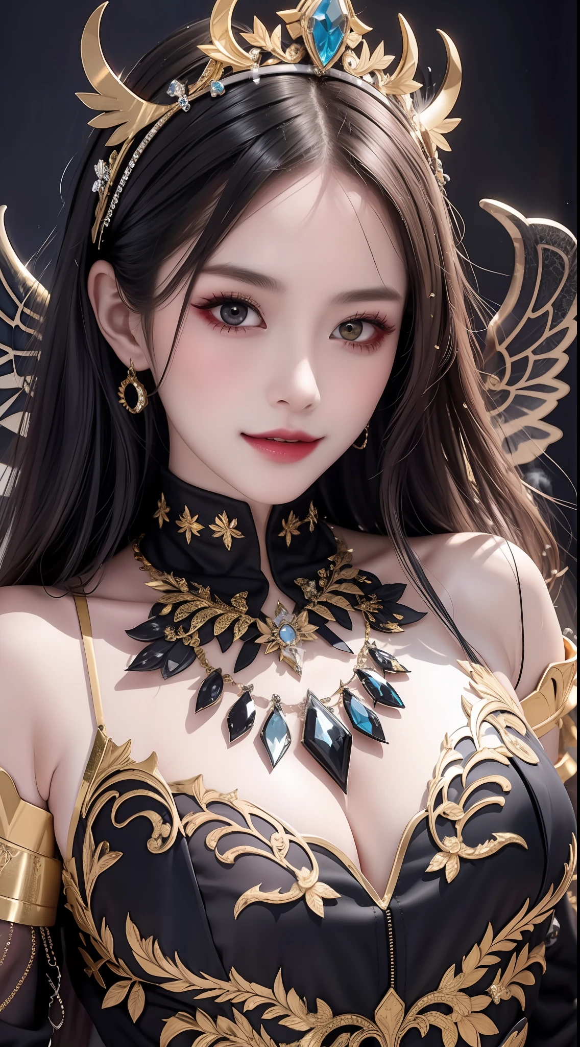 Masterpiece, realistic details, high detail. Black clothes. Black smoke. Black crystals around. Darkness. Boyish. Very Long hair. Spreading hair. 1 girl, beauty, , fine skin, bare shoulders, small breath, long feather hair clip, blue hair, Gold pattern at chest. Devil's wings. Black and gold wings. Complex and luxurious tiara. Smile. Whole body capture.