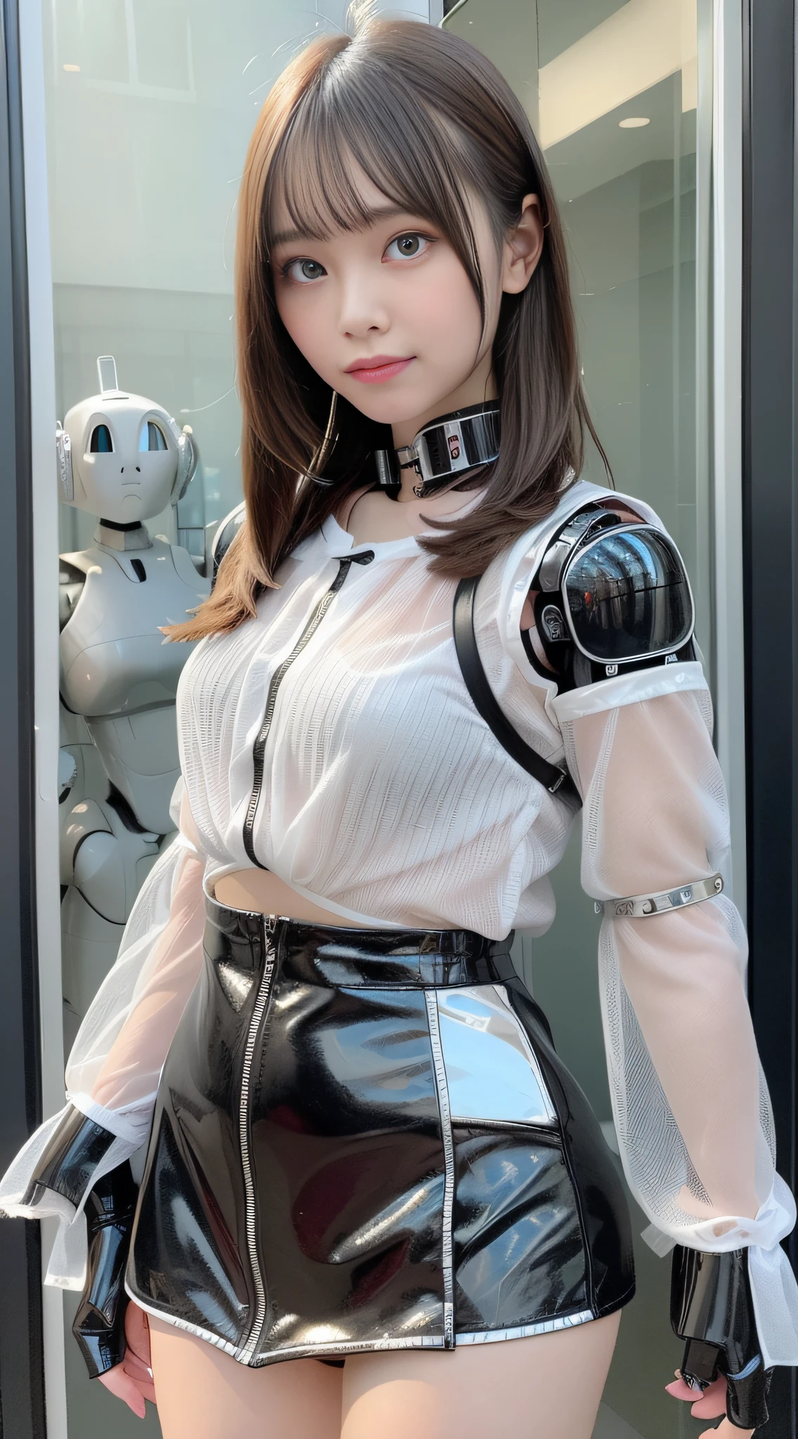 (Photorealsitic:1.4)、Onegirl、(top-quality),(hyperdetailed face)、(Super well-formed face)、((Robot Parts))、(Cyborg girl)、(Silver)、(metalic)、(fullllbody)、(Moe Pose)、(Slender body)、(tits out)、(Model body type)、(Mechanical exposing through blouse)、(akihabara)、(is looking at the camera)、(A dark-haired)、(９Head and body)、(a small face)、(Idol)、(front facing)、(is standing)、(Photo session)、(Looks sad)、(Cyborg girl in a see-through blouse)、(sleeve less)、(a miniskirt)