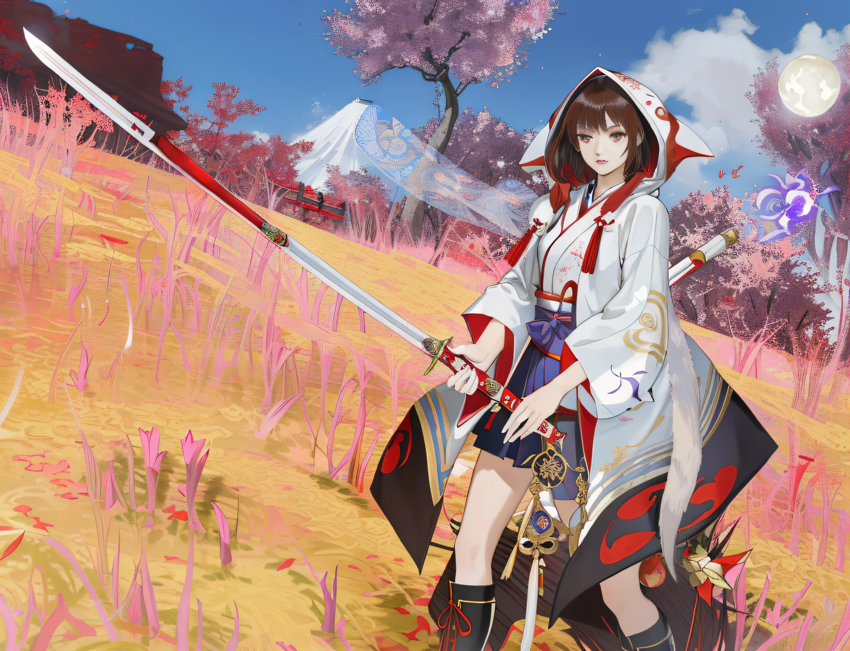 ((masterpiece, best quality)), brunette short-haired Japanese woman in white red and purple kitsune style robes with hood, Black boots with red laces, red and white kitana, white floating spirit orb nearby, on eastern style alien planet, anime art style, intricate details