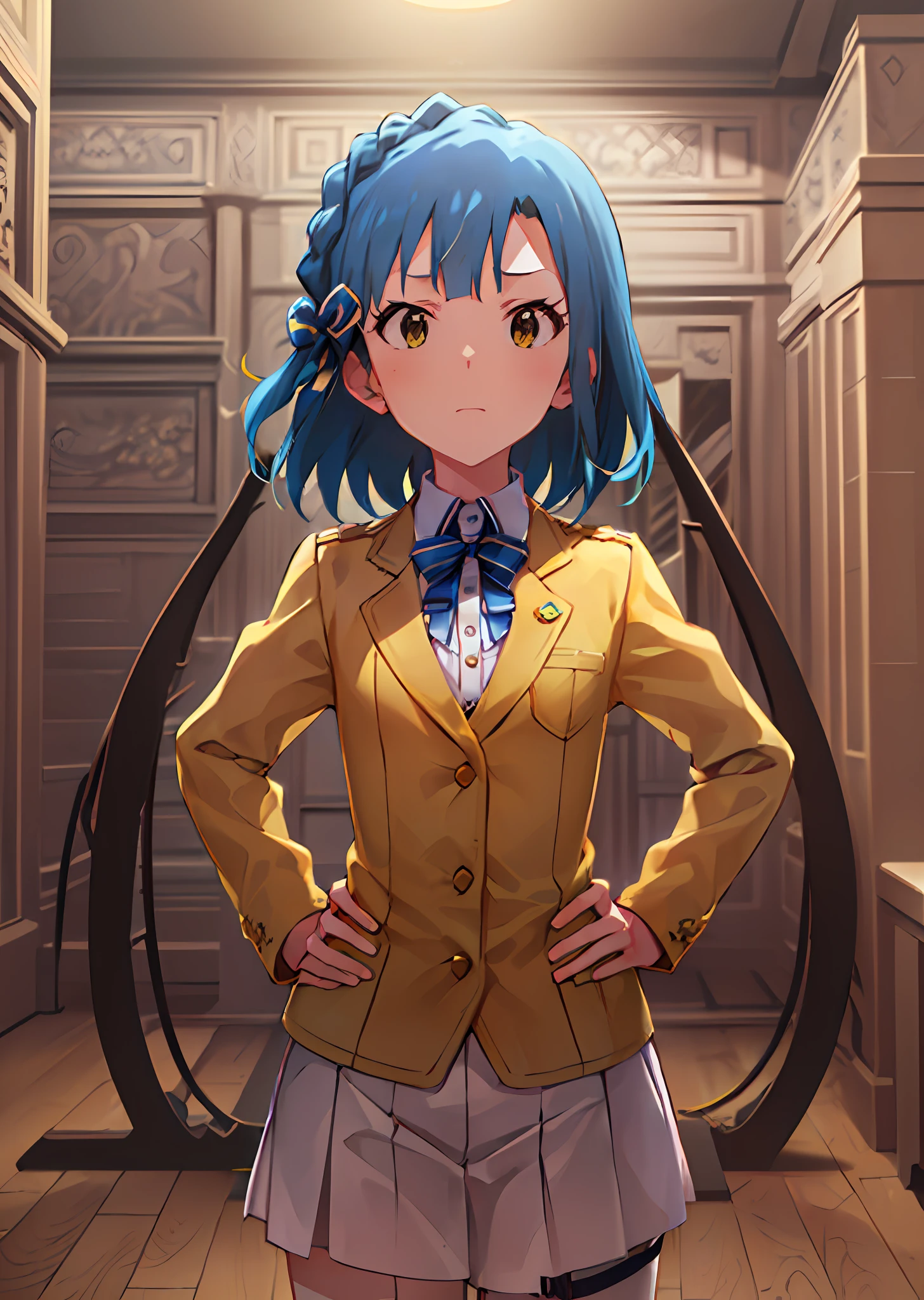 yuriko nanao (million live). Short stature. white t-shirts. suspenders.Skirt.(((masterpiece))).(((best quality))).((Ultra-detailed))).(((illustratio))). (((Put your hands on your hips))).(((a room))).(((make a fist))).(((up chest))).Despair face.((short-hair)).Medium chest.