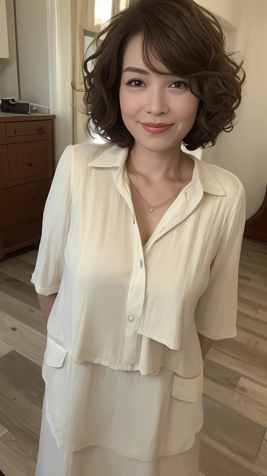 ((Best quality, 8K, Masterpiece:1.3)), Focus:1.2, Perfect body beauty:1.4, Butt hole buttocks:1.2, ((layered haircuts, Breasts:1.2)), shift dresses:1.1, ( inside in room:1.3),Highly detailed face and skin texture, Fine eyes, Double eyelids, Whitens the skin, Hair to shoulders,curlies:1.2,looks into camera,