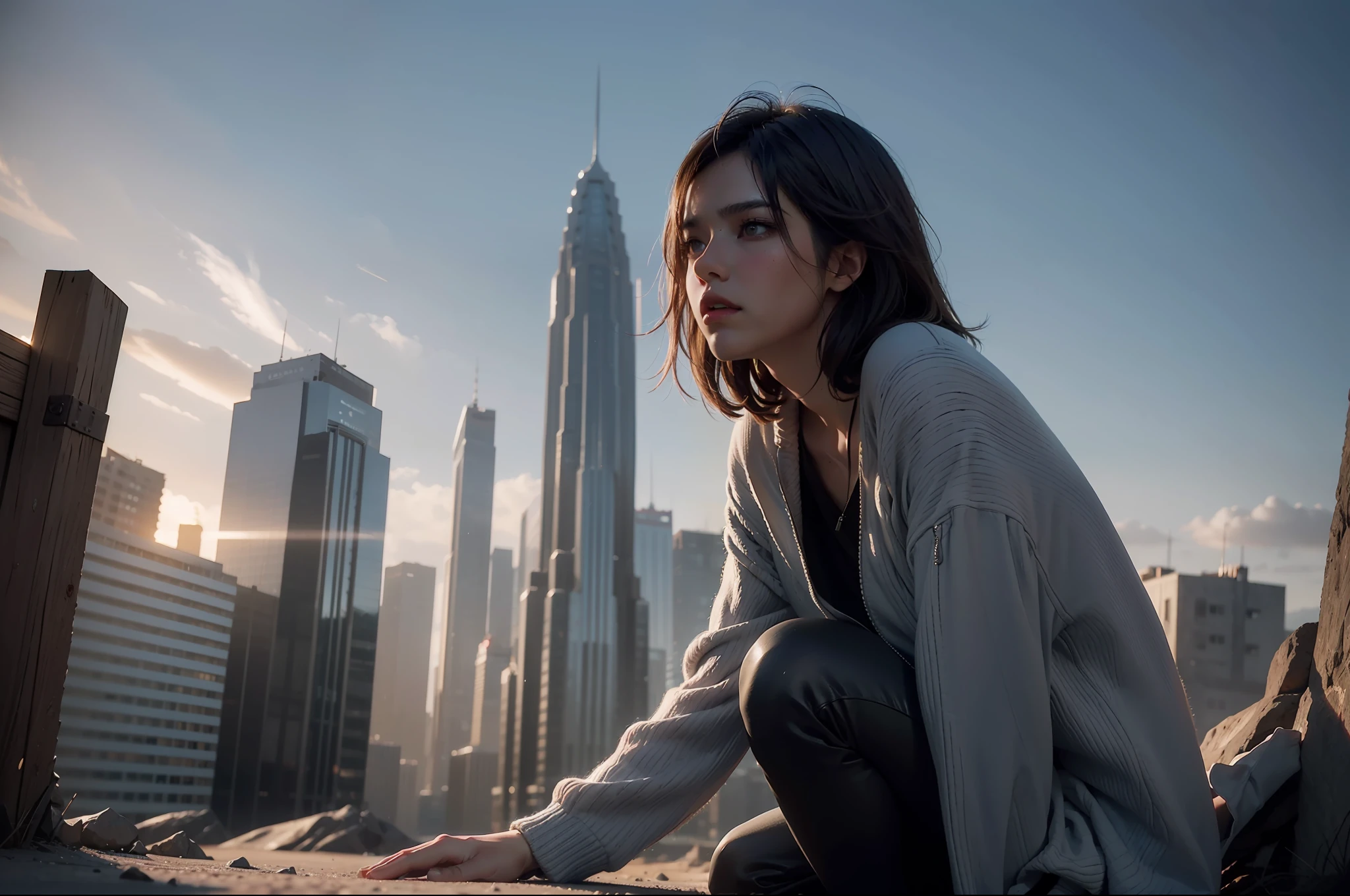 a highly detailed matte painting of a man on a hill watching a giant girl, by makoto shinkai, by artgerm, by wlop, by greg rutkowski, volumetric lighting, octane render, 4k resolution, trending on artstation, masterpiece