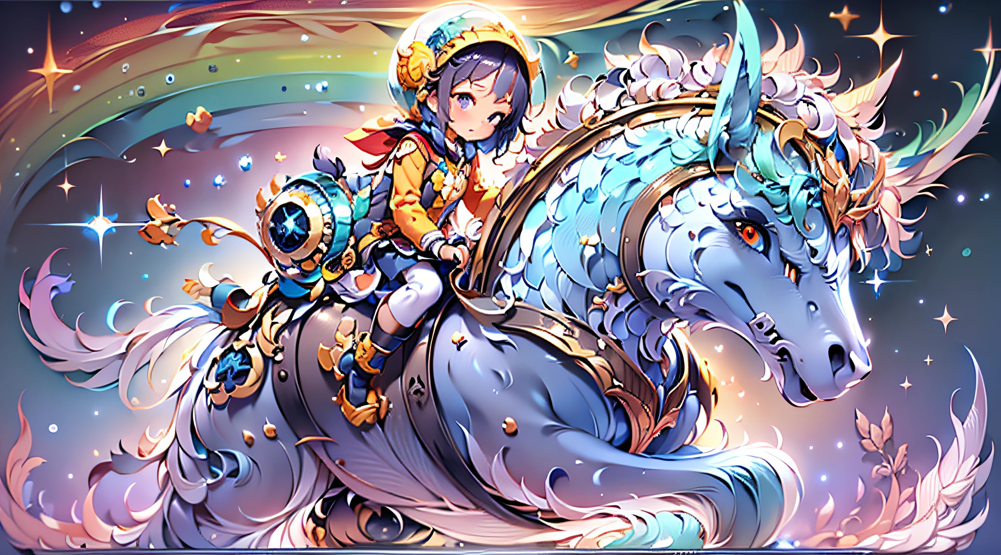 riding a robot unicorn in space,Soar the universe,rainbowing,stars,ufos,High-quality masterpieces