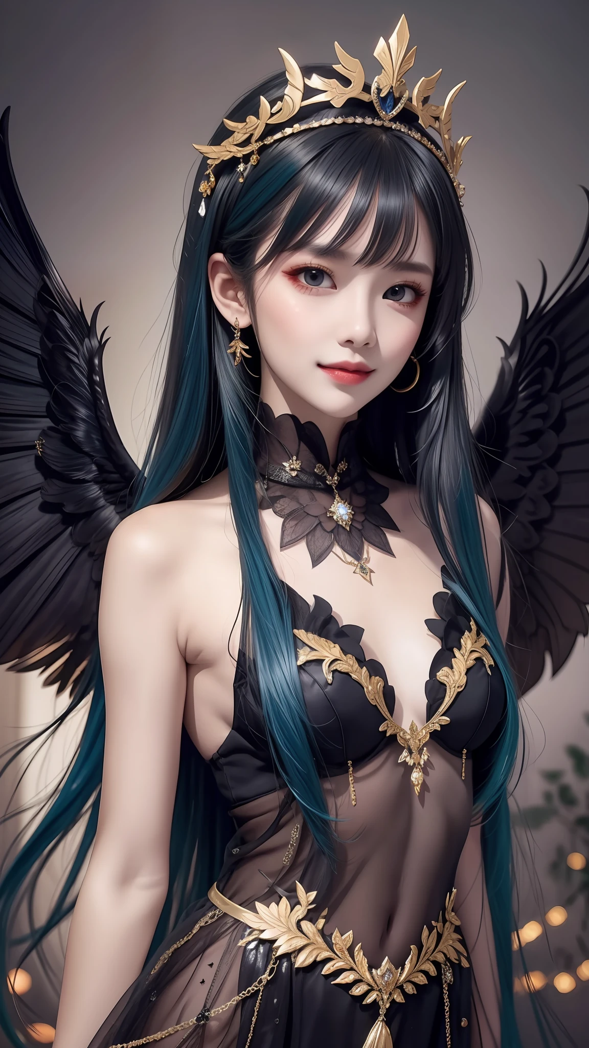 Masterpiece, realistic details, high detail. Black clothes. Black smoke. Black crystals around. Darkness. Boyish. Very Long hair. Spreading hair. 1 girl, beauty, , fine skin, bare shoulders, small breath, long feather hair clip, blue hair, Gold pattern at chest. Devil's wings. Black and gold wings. Complex and luxurious tiara. Smile. Whole body capture.