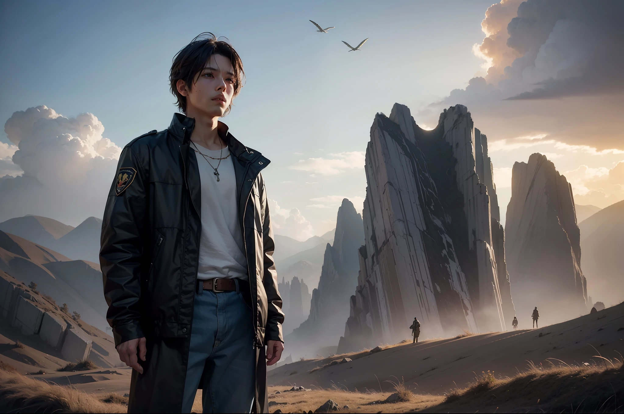 a highly detailed matte painting of a man on a hill watching a giant girl, by makoto shinkai, by artgerm, by wlop, by greg rutkowski, volumetric lighting, octane render, 4k resolution, trending on artstation, masterpiece