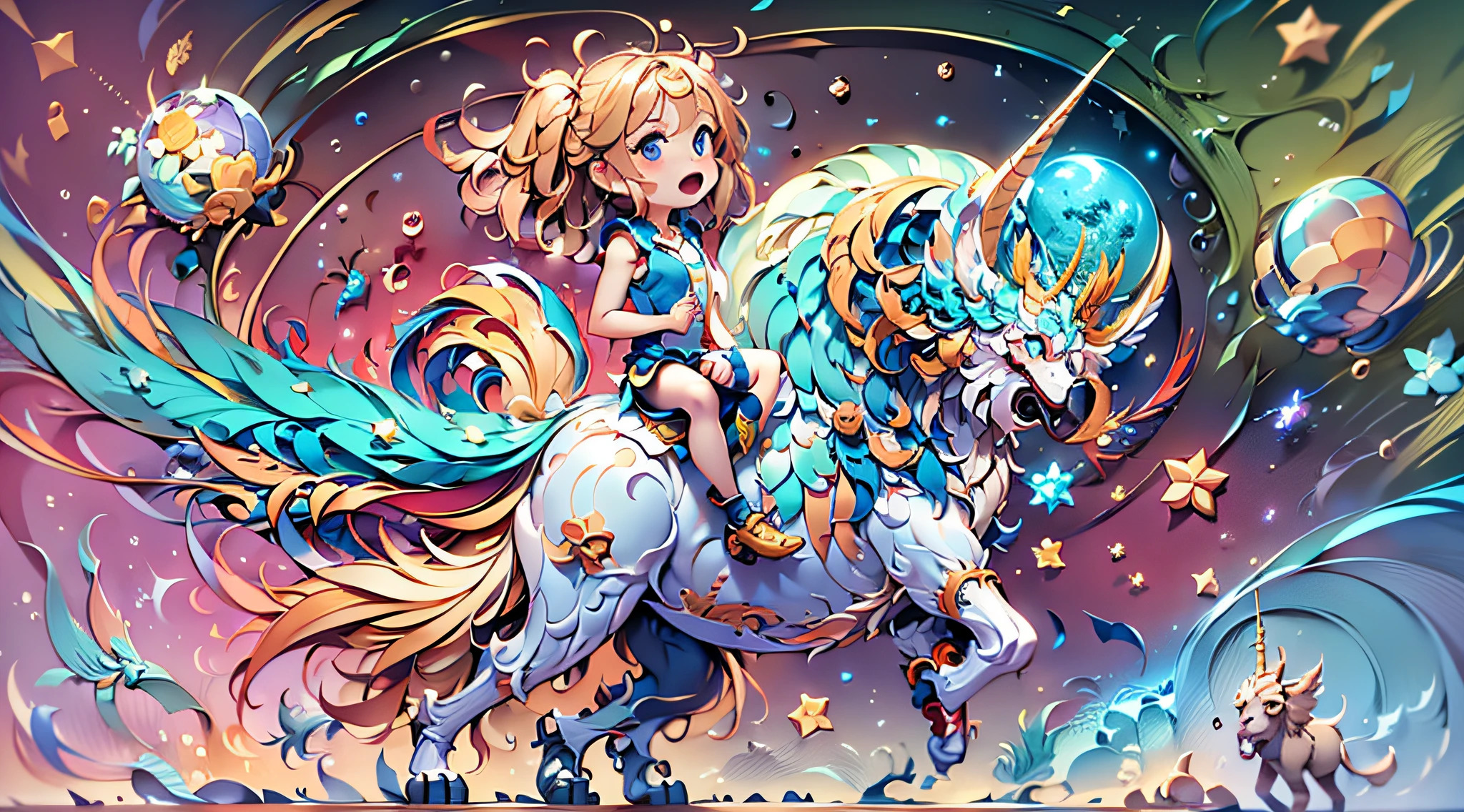 Child riding a robot unicorn in space,Soar the universe,rainbowing,stars,ufos,High-quality masterpieces