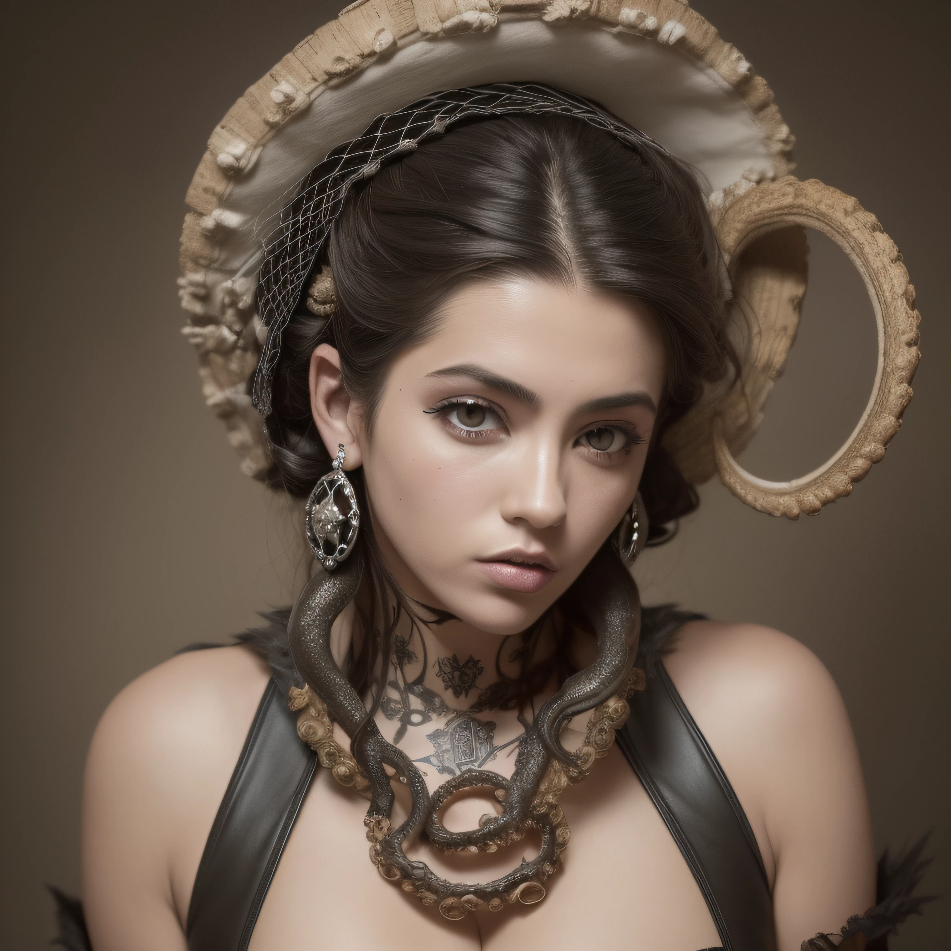 (extremadamente detallado, obra maestra, La mejor calidad), Estilo oscuro, intense illumination, rostro con arrugas, lengua larga, colmillos, tentacle, lobo deforme, monstruoso, amenazante. mujer punk. Rococo composition. Luz de caravaggio