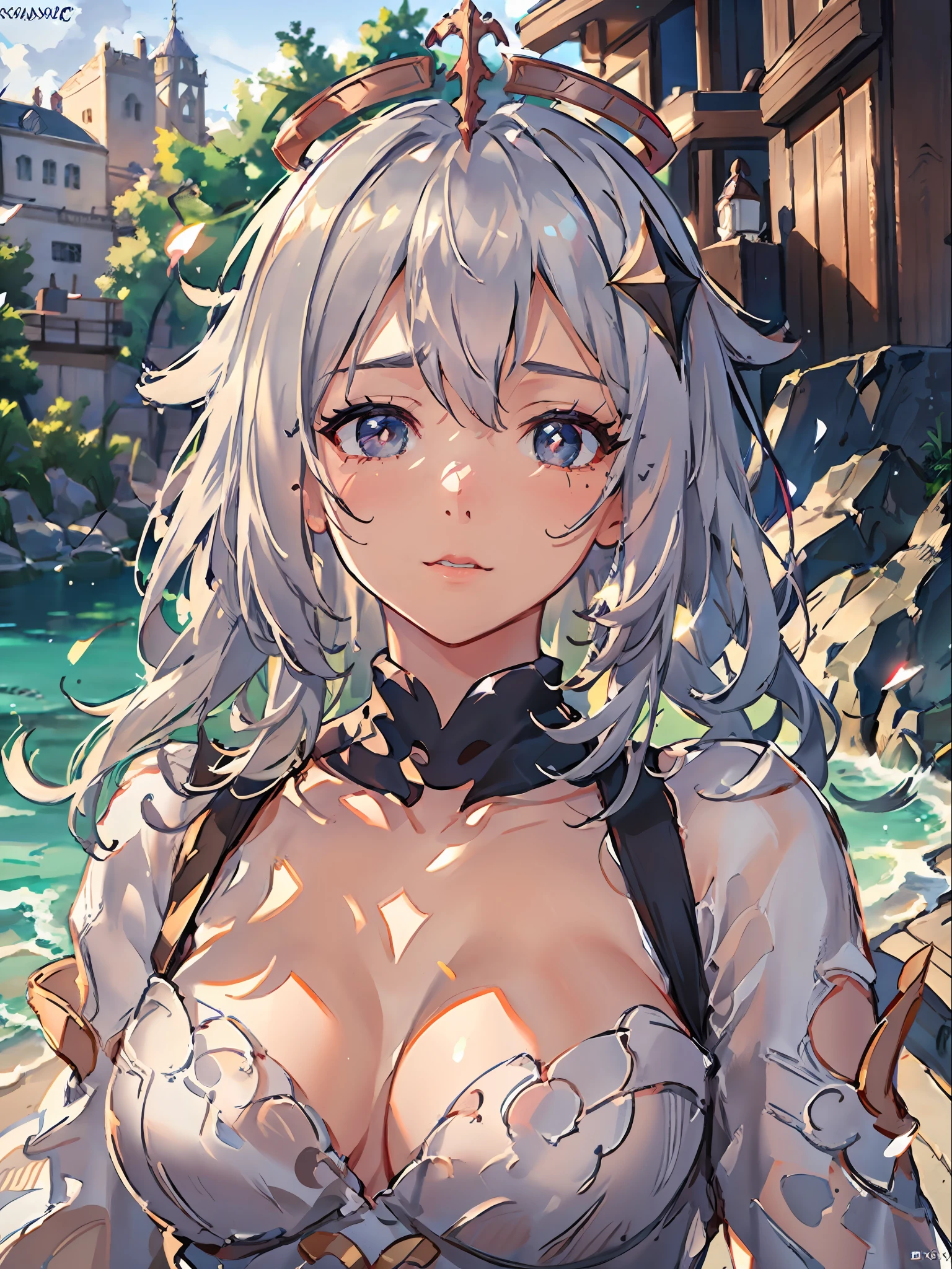 1girl, Paimon, (paimon genshin:1.3), (li:1.5), ba(white hair:1.3), seductive expression, slim lips, seductive pose, (summer dress:1.3), beautiful dress, cleavage, (tiny flat boobs:1.2), flat chest, halo on head, divine crown, high quality, best drawing, ultra detailed, 4k ultra hd, anime wallpaper, aesthetic background, beach background, high quality beach background, anime beach, detailed sea, detailed ocean, detailed water, ray tracing lighting, high quality background, high resolution, masterpiece, sharp details, ultra fine details, intricate details, (best resolution:1.5), directional lighting, cinematic details,raw 4k hdr, ((detailed face)), ((photorealistic face)), ((detailed hands)), (detailed body), (detailed hair), (((extreme detail)), ultra hd 4k, cinematic 8k, raw 8k, cinematic lightning, ((fine details)), ((intricate details)), ((detailed facial features)), ((detailed eyes)), detailed lighting, intricate detail, (((realistic))), realistic details, realistic face, ((extreme details)), (realistic face), realistic body, (((detailed body))), extremely detailed lighting, ((dynamic lighting)), (((ray tracing))), (((8k ultra hd))), cinematic lightning, (((extremely detailed realistic background))), (((detailed background))), ((realistic background)), ((cinematic background)), super realistic, natural lighting, natural background blur, (((photorealistic))), hyperrealistic 8k hdr background, (((sharp photorealistic details))), (masterpiece:1.5), drawn by master, best super quality, ultra quality, hyperrealistic lighting, beautiful background