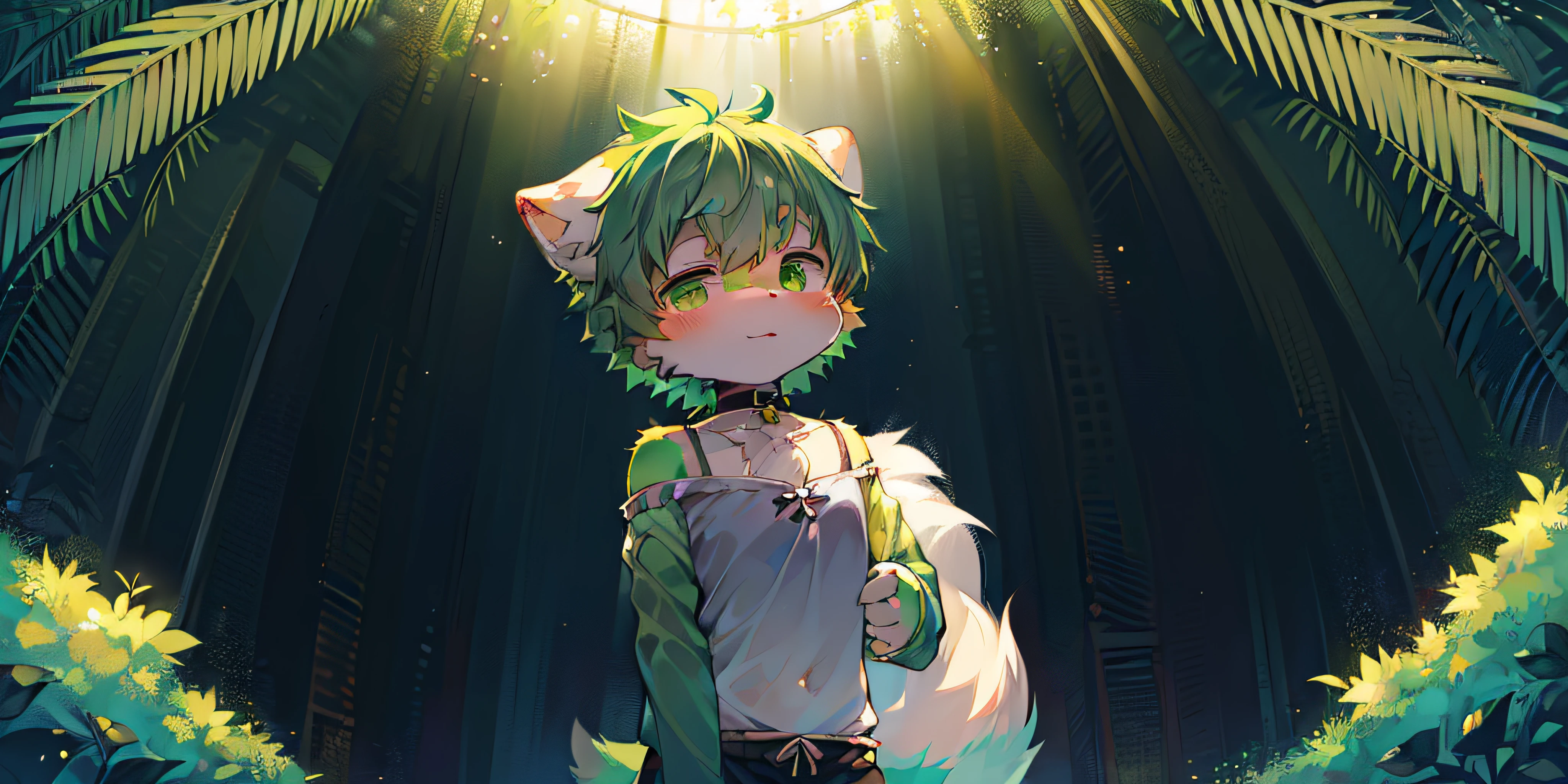 (Bright environment、warm color:1.5),masterpiece,high quality,abstract res,digital painting\(artwork\), by dagasi, yupa,kiyosan,(anthro,fluffy fur,character focus:1.1),anthro male cat,short hair,portrait , eyes with brightness, in a panoramic view, Character focus.(detailedbackground:0.8),Alone,shaggy, shaggy male, malefocus, anthr,(Full Body Furry, Fluffy tail, Dark green fur, Light green eyes, Dark green hair、Dark green feet with hair:1.3), (long canines、White sexy short sleeves、sexy shorts、choker necklace:1.3),(the sea、sandbeach、swell sea、coconut palms、Daytime morning、rays of sunshine、Cool light and shadow:1.2)