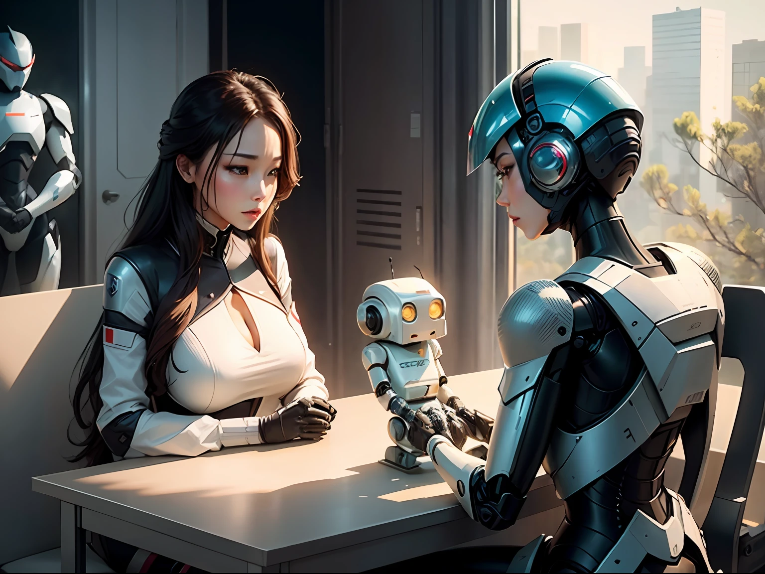 A lot of beautiful women、Handsome robots are meeting together around the conference table --auto