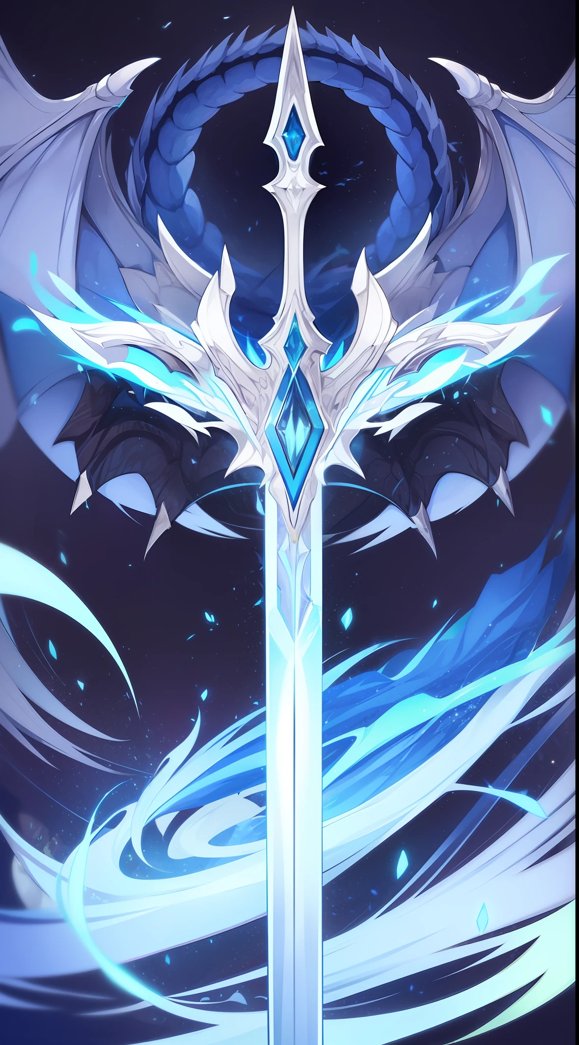 A white and blue sword that complements each other，white backgrounid，The sword was displayed in the stands，The sword has the element of a dragon，Aura surrounds，Only one sword