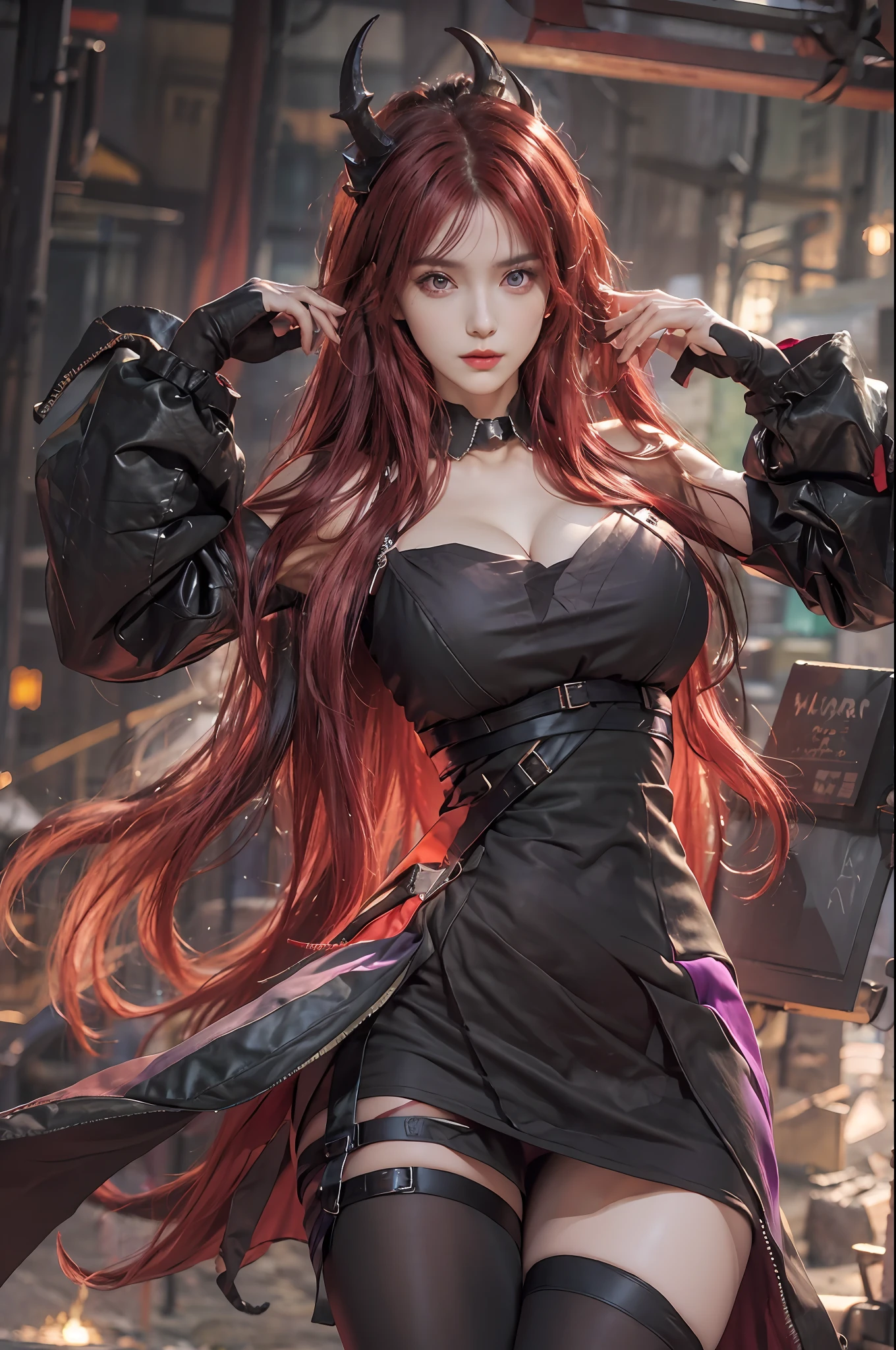 photorealistic, high resolution, 1 woman, hips up, origen, serious, horn, long hair,red hair,purple eyes,off-the-shoulder jacket, black dress, black stocking, Arknights-Surtr