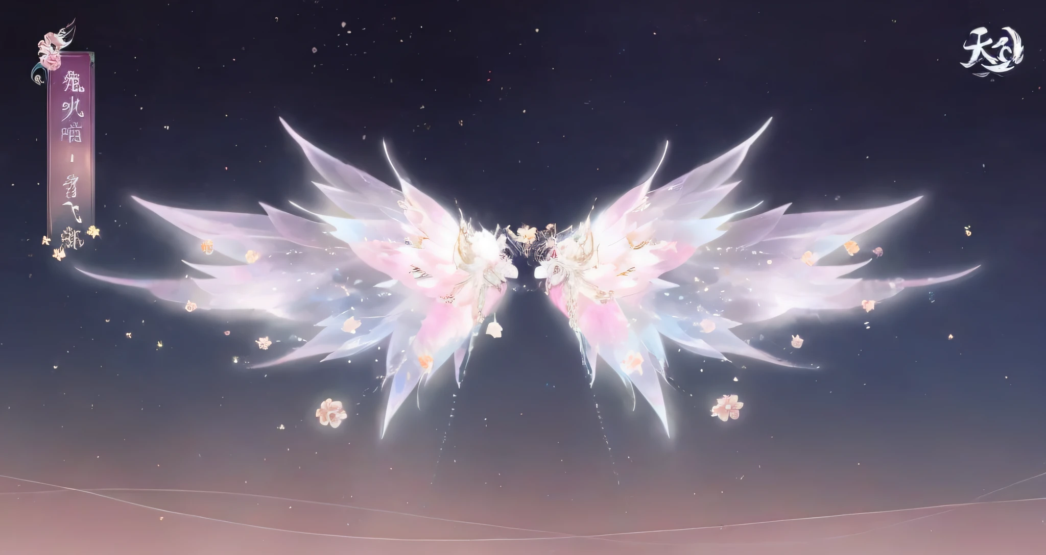Anime style images，Two white wings，Pink and blue wings, infinite angel wings, ethereal wings, infinite angel wings, big white glowing wings, Angelic wings, Epic angel wings, infinite wings, Transparent wings, grand angel wings, beautiful angelical wings, asas feitas de luz, Feathery wings, White wings, devi wings, Angel wings, Majestic wings, iridescent wings