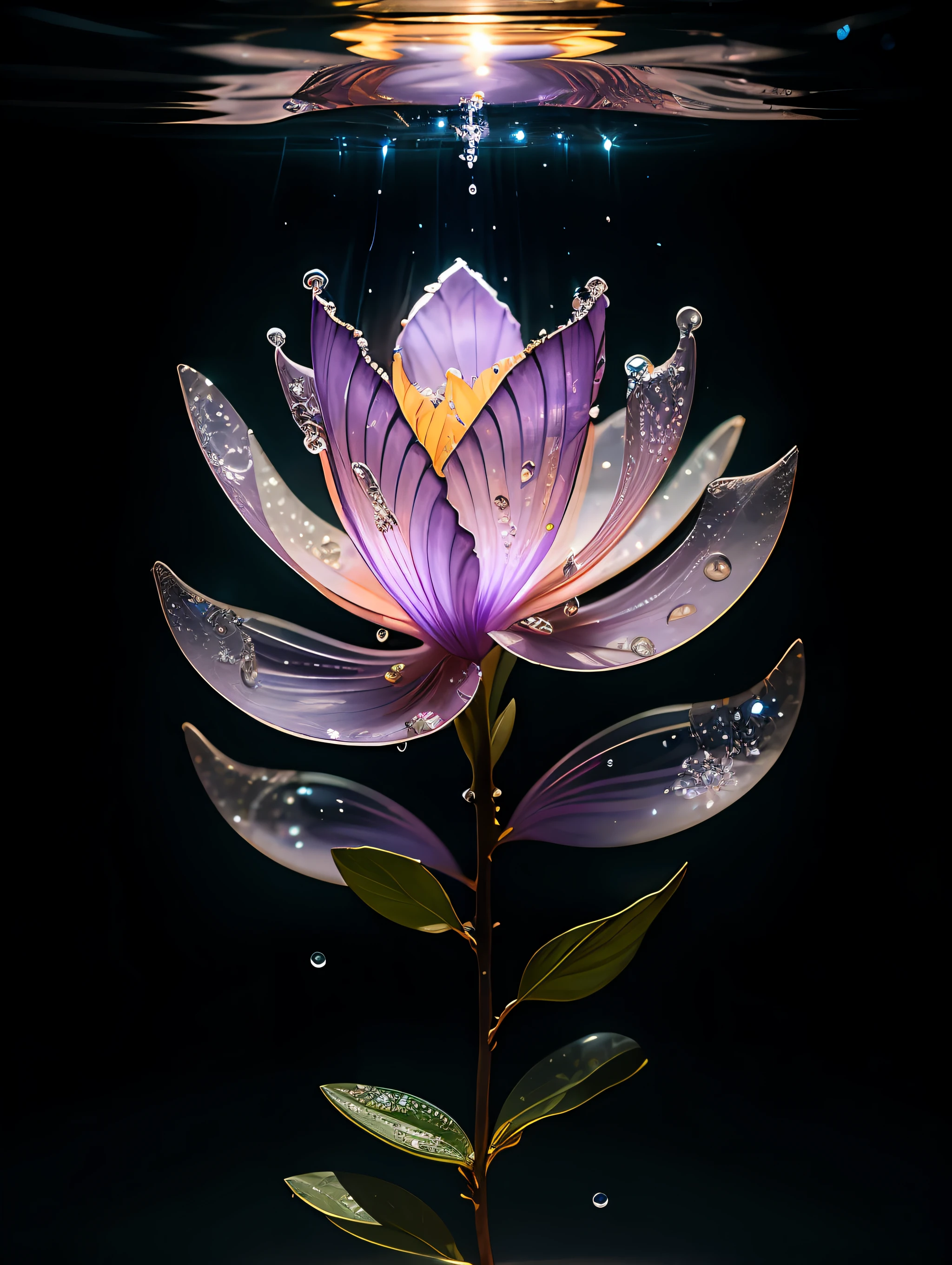 branch of delicate lilac flowers, super transparent, holy light, beautiful spectral light, petals glow, flashing, dark background, drops of transparent light, reflective light, bright, light streaming in, optics, portrait profile, sharp focus, magical, intricate, ultra realistic, fantasy, composition, light, trend on artstation, pearl, patronus cloud of silvery vapor, corrosive enveloping ray family, 8k, ureal ar 23v4 uplight