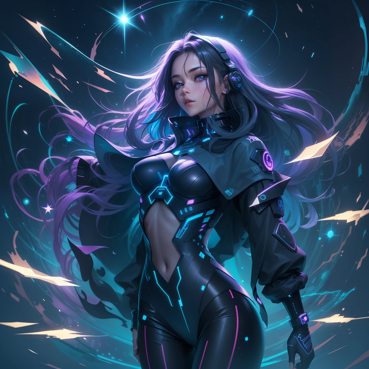 high quality, stary night blue black futuristic cyber girl, splash arts, aesthetic for Tshirt design, highly detailed, darktone