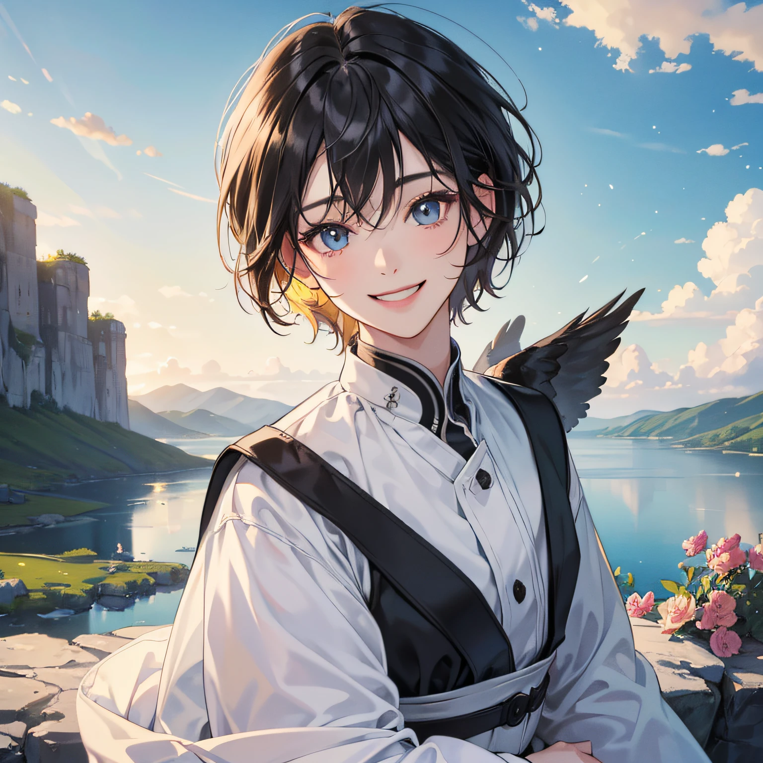 (in 8K、top-quality、masterpiece:1.2)、1人の女性、(Smiling smile:1.1)、beautidful eyes、Valley、The upper part of the body、shorth hair、Like a boy 、Black --auto