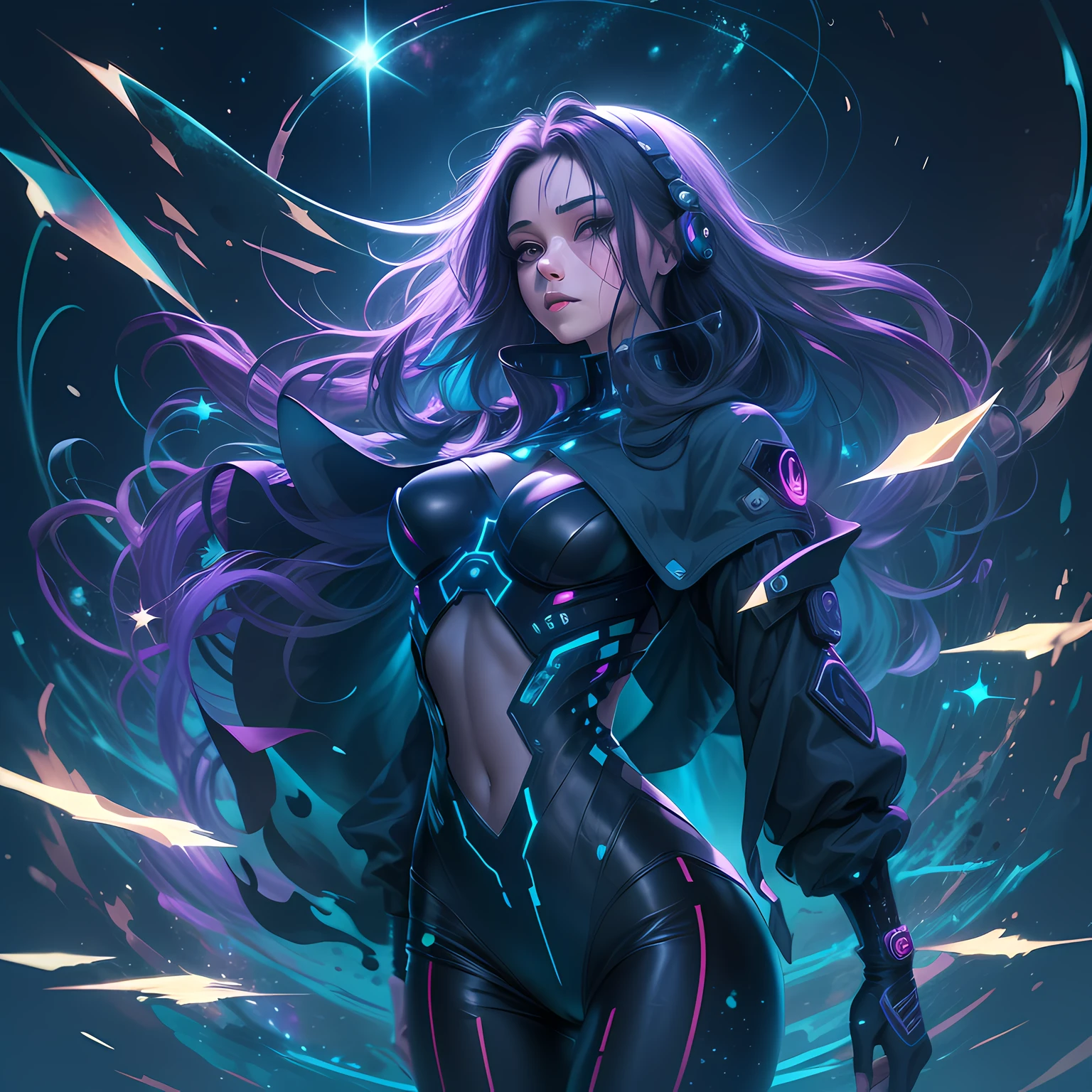 high quality, stary night blue black futuristic cyber girl, splash arts, aesthetic for Tshirt design, highly detailed, darktone