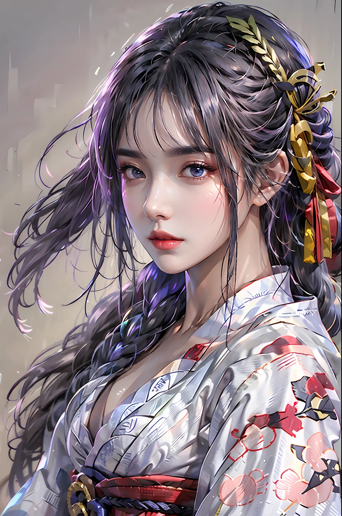 photorealistic, high resolution, 1 girl, blunt bangs, braid, wide sleeves, hair ornament, beautiful eyes, normal breast, raiden shogun costume