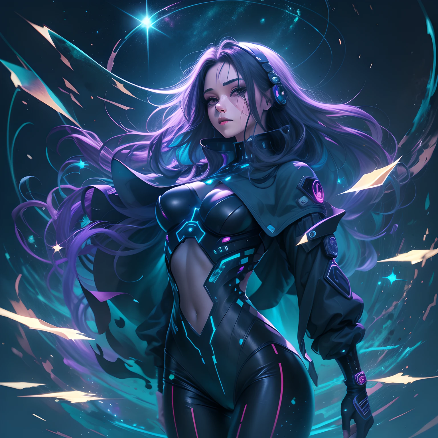 high quality, stary night blue black futuristic cyber girl, splash arts, aesthetic for Tshirt design, highly detailed, darktone