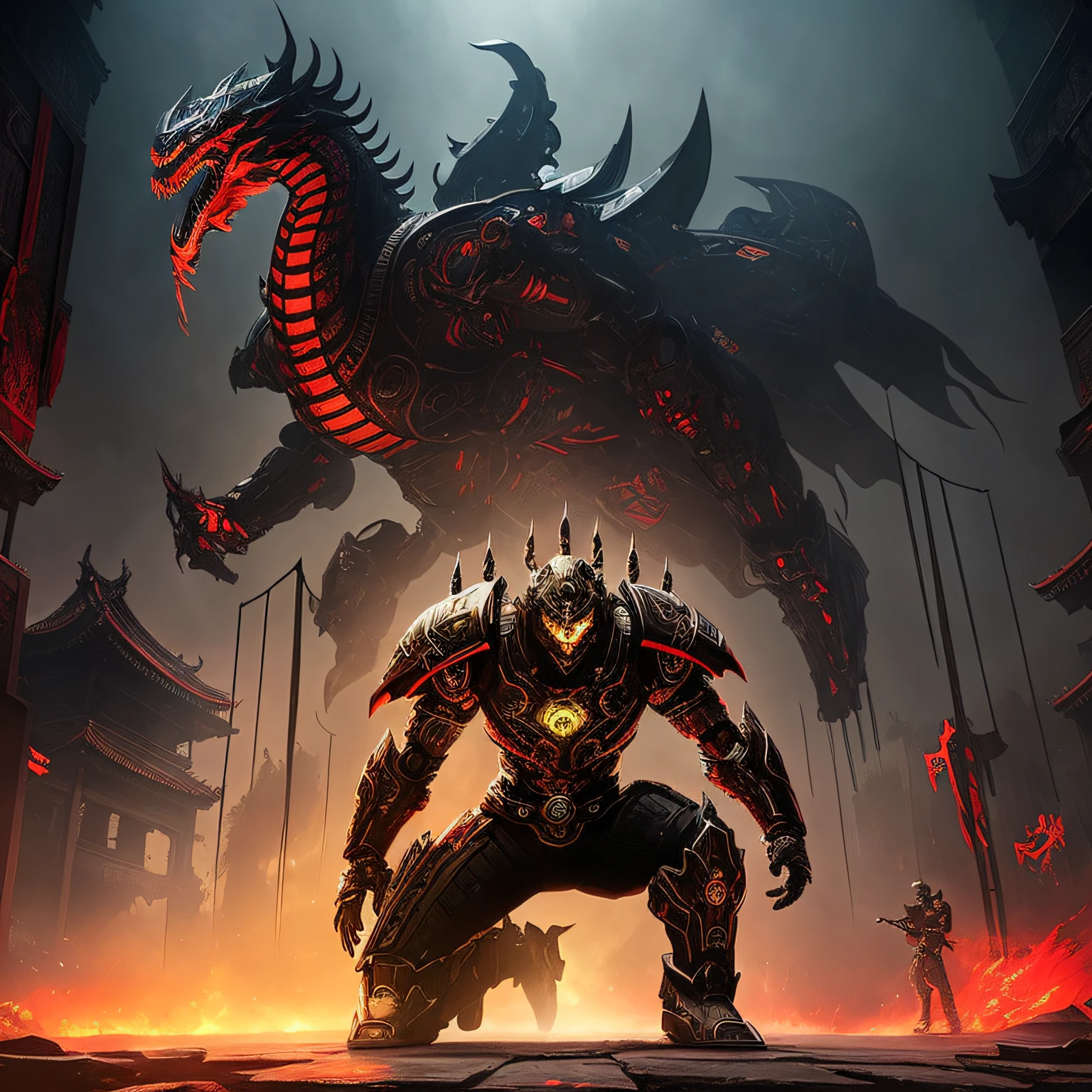 Western Thulhu mythological style，Mecha with traditional Chinese culture，darkly，thriller，horrid，uncanny，I can't tell it's human ，Realistic style The humanoid mecha looks like a Chinese dragon，The color is mainly dark black, plus dark gold，Red-black glowing eyes，8K，mighty，fantasy，The background is black in the main eerie Chinese style hall，Standing in front of the middle of the main hall, there is a beautiful woman kneeling in full real style，The overall color of the picture is dark --auto