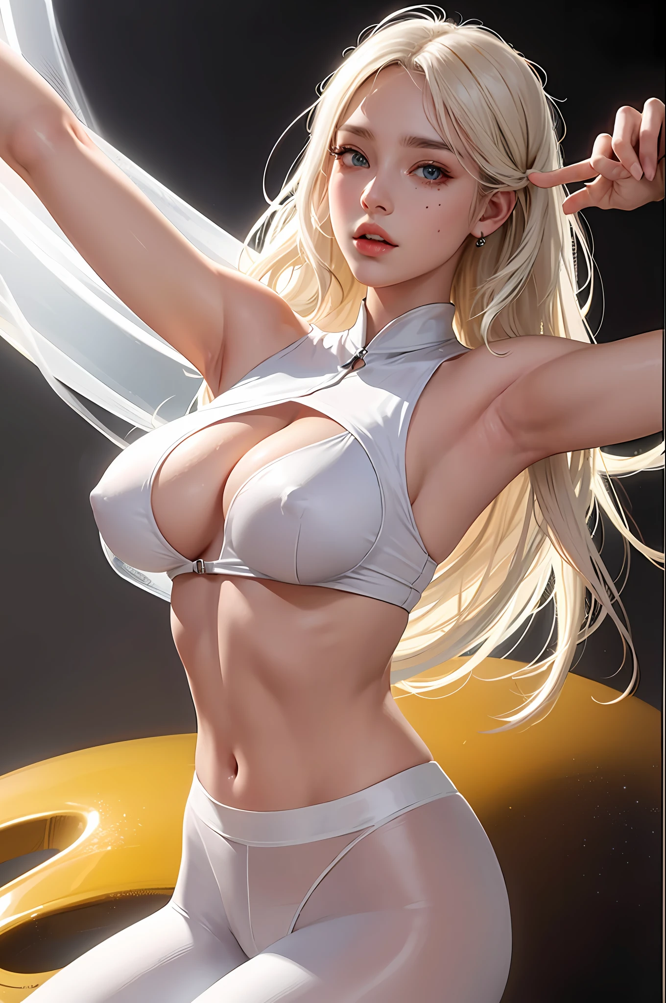 (hyperrealistic), (illustration), (high resolution), (8K), (extremely detailed), (best illustration), (beautiful detailed eyes), (best quality), (ultra-detailed), (masterpiece), (wallpaper), (detailed face), solo 1 girl, white wavy hair, korean, heterochromic eyes, small moles under the eyes, loose white shirt, yoga pants, big breasts, long legs, tight abs, camel toes, dynamic pose