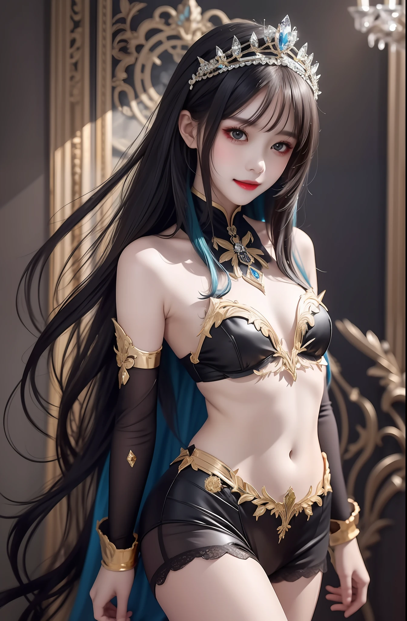 Masterpiece, top quality, realistic details, high detail. Black clothes. Black smoke. Black crystals around. Horn. Darkness. Boyish. Long hair. Spreading hair. 1 girl, beauty, , fine skin, bare shoulders, small breath, long feather hair clip, blue hair, thigh height, Gold pattern at chest. Devil's wings. Black and gold tiara. Tiara. Complex and luxurious tiara. Smile. Capture, whole body capture,