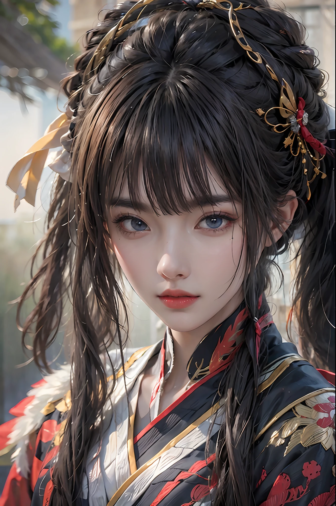 photorealistic, high resolution, 1 girl, blunt bangs, braid, wide sleeves, hair ornament, beautiful eyes, normal breast, raiden shogun costume