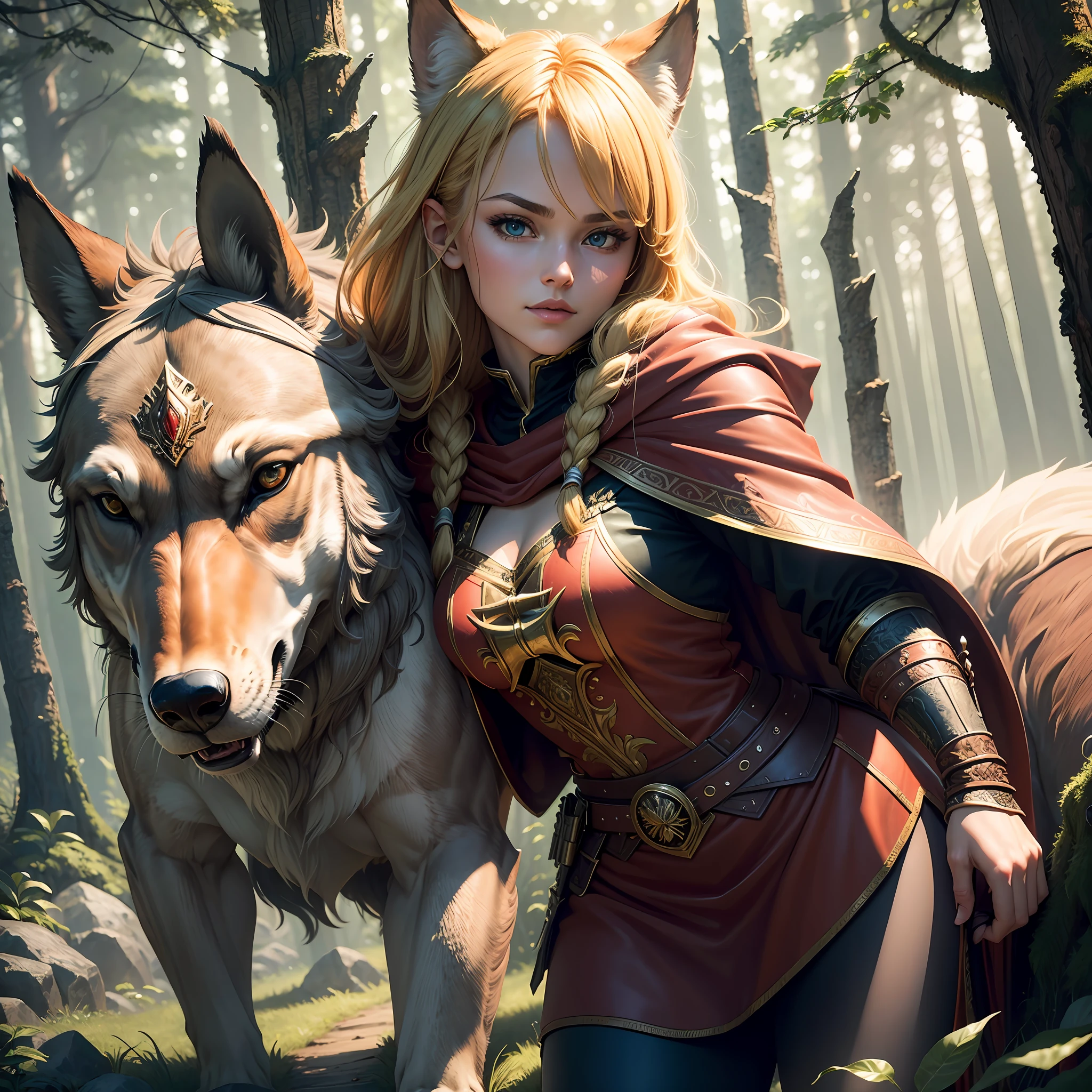 high details, best quality, 8k, [ultra detailed], masterpiece, best quality, (extremely detailed), dynamic angle, ultra wide shot, RAW, photorealistic, fantasy art, dnd art, rpg art, realistic art, a wide angle picture of a female huaman ranger hunting a wolf, human ranger, warrior of nature full body, [[anatomically correct]]. dynamic position (1.5 intricate details, Masterpiece, best quality) armed with a longbow(1.6 intricate details, Masterpiece, best quality) in a fantasy forest (1.5 intricate details, Masterpiece, best quality), a woaman wearing red hood, red cloak (1.4 intricate details, Masterpiece, best quality), blond hair, intense bright eyes, fantasy forest  background (intense details), big wolf (1.4 intricate details, Masterpiece, best quality), dynamic light (1.4 intricate details, Masterpiece, best quality), dynamic angle, (1.4 intricate details, Masterpiece, best quality) 3D rendering, high details, best quality, highres, ultra wide angle