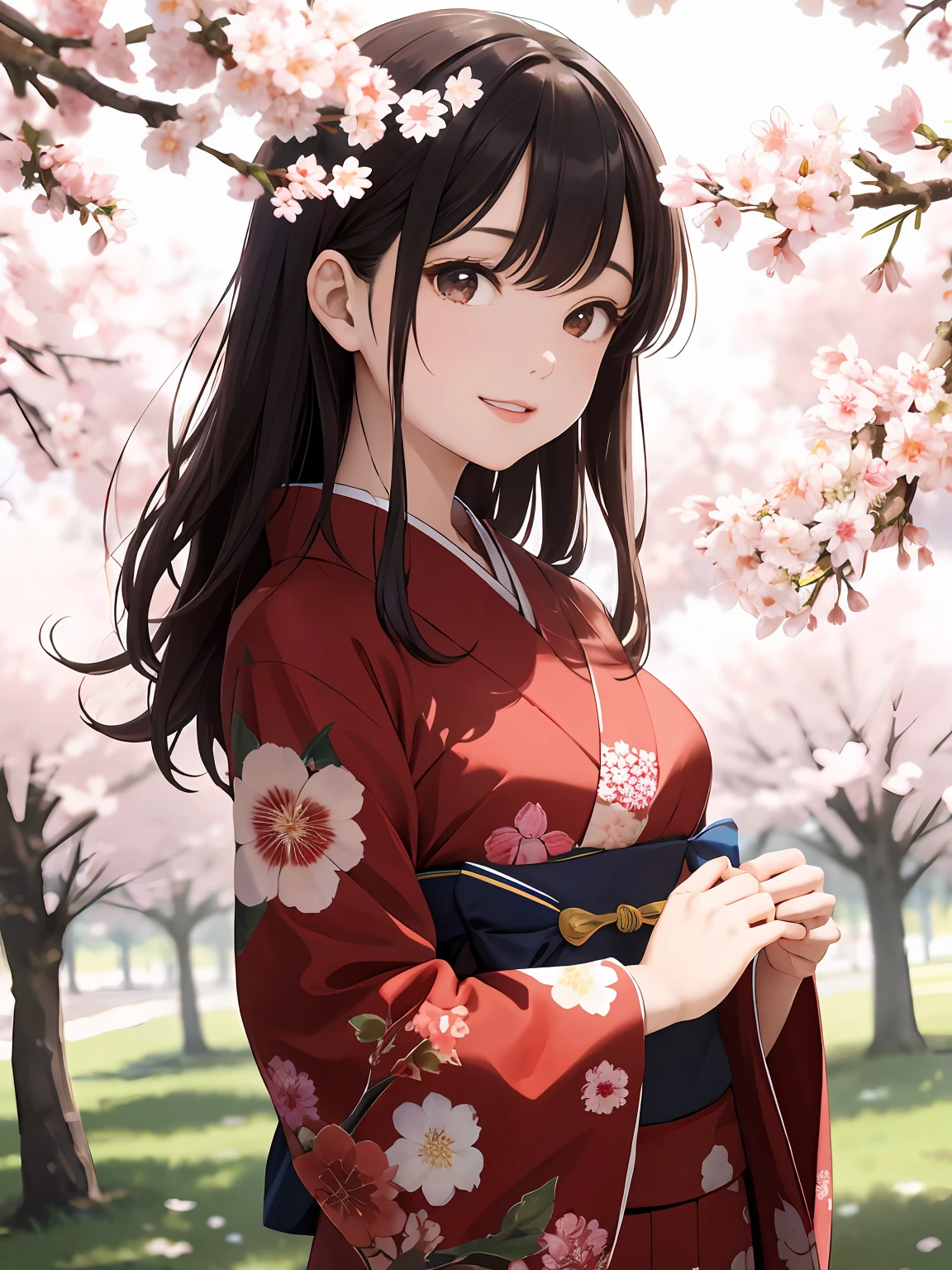 Anime girl in kimono outfit standing under cherry blossom tree - SeaArt AI