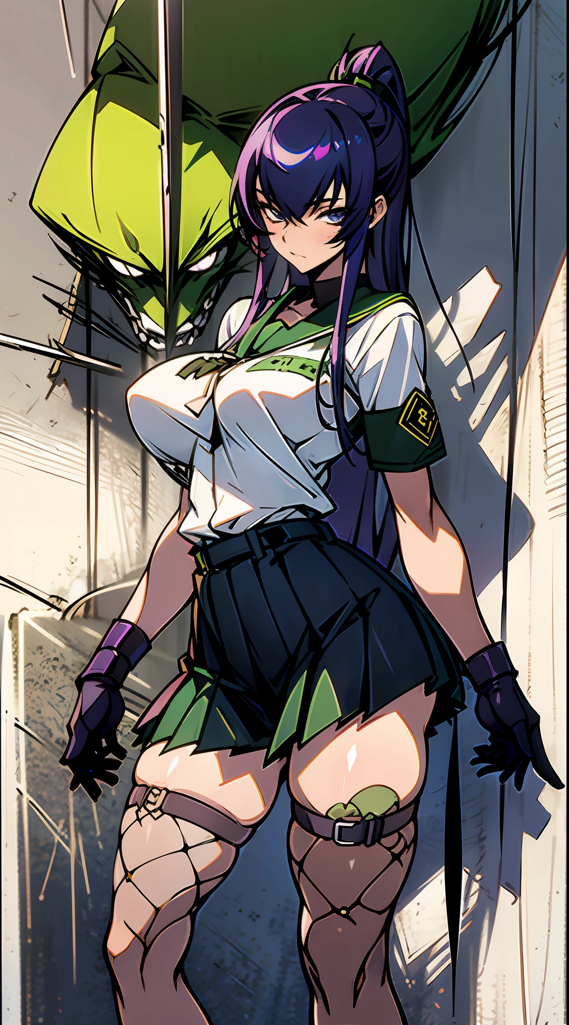 (High resolution), (in 8K), (Extreme Detail), (Best Illustration), (beautiful detail), (Best Quality), (masuter piece), ( Detailed face), Saeko Poison Island、The long-haired、white shirt、Shoulder holster、Green pleated skirt、garterbelts、fishnet tights、Japan sword at the waist、Vicious look、full body Esbian、Realistic fantasy rendering, Realistic anime girl rendering, Full body portrait, (Big Breast: 1.4) popular in CGSTATION, 4K,highlight in eyes