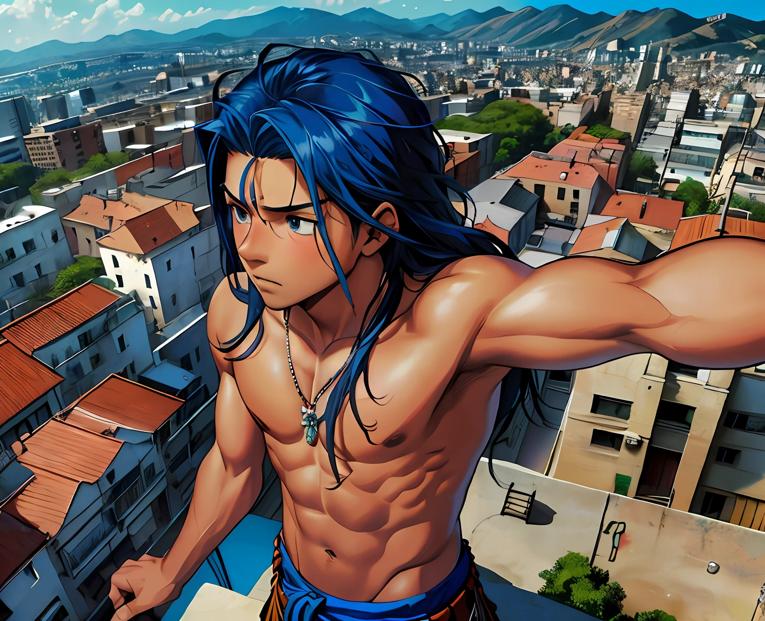 cabello color azul, cabello lacio, 15-year-old boy, mestizo sin  ropa dorso descubierto cabello de color azul, ojos azules , mira ala ciudad, Anime image of a 15-year-old man on top of a building in New York , esta mirando triste desconcertado la ciudad, desde lo alto de una escuala., cabello azul rostro mestizo, ojos azules,sin camisa atuendo tribal egipcio, egipcia antigua mirando desde lo alto de una escuela secundaria a una ciudad triste muy lejana , , Screenshot of anime movie