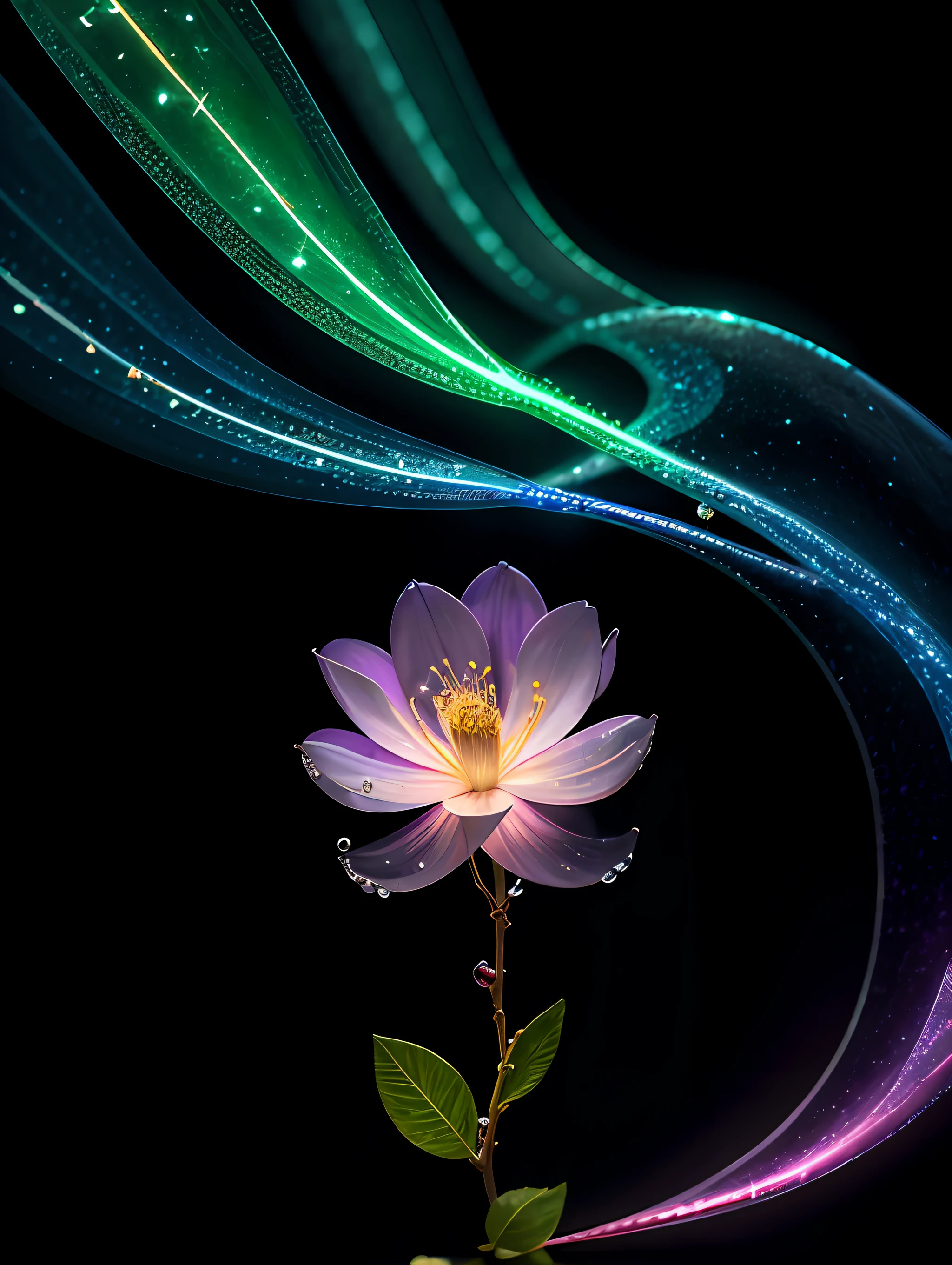 branch of delicate lilac flowers, super transparent, holy light, beautiful spectral light, petals glow, flashing, dark background, drops of transparent light, reflective light, bright, light streaming in, optics, portrait profile, sharp focus, magical, intricate, ultra realistic, fantasy, composition, light, trend on artstation, pearl, patronus cloud of silvery vapor, corrosive enveloping ray family, 8k, ureal ar 23v4 uplight