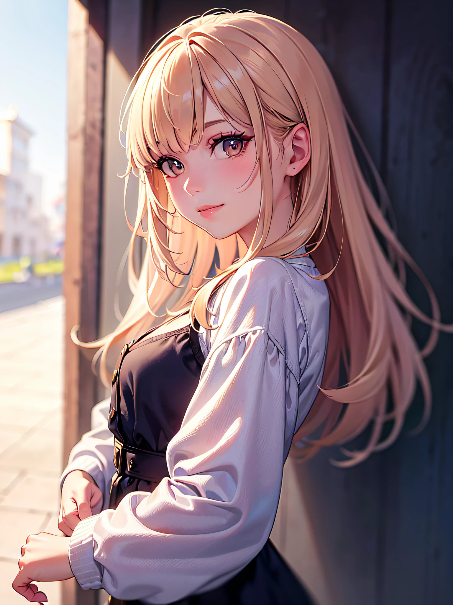 ((Best Quality:1.2, 8K, Sharp Focus, master piece: 1.2, natural Light, extremely details CG, beautiful Girl:1.2, reality, Detailed face textures, Realistic skin, beautiful makeup, Detailed bangs)), (depth of fields), Bokeh background, Head tilt, Smile, brown long hair, Cowboy Shot, (pink crop jacket), wind, selfie , from side, looking at viewer