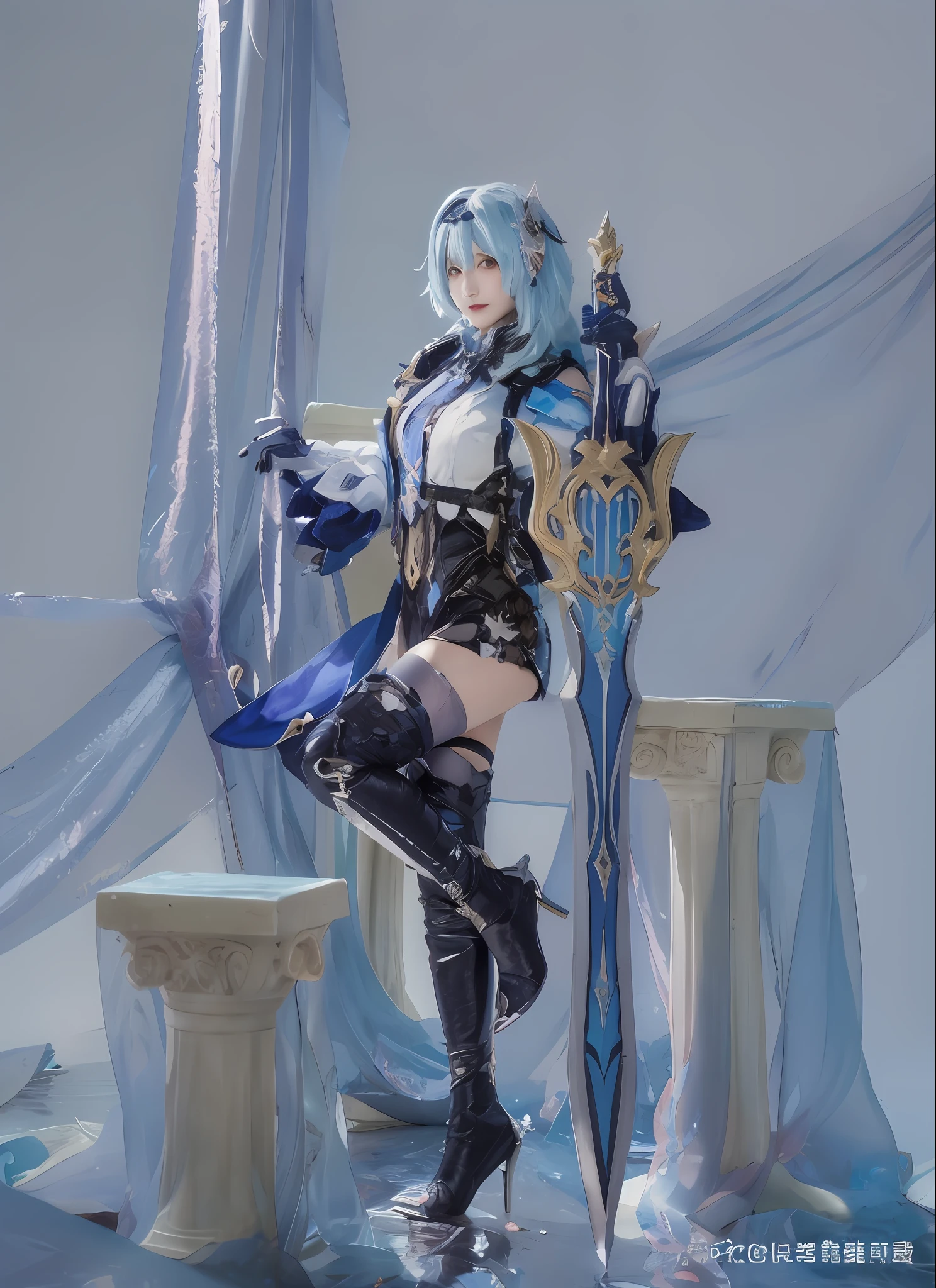 The Arad woman dressed in black and white holds a sword, Gorgeous Role Play, full-body xianxia, Keqing from Genshin Impact, From Lineage 2, Anime girl cosplay, cosplay, pale blue armor, Portrait Chevaliers du Zodiaque Fille, Anime cosplay, alluring elf princess knight, cerulean, aion, Ayaka Genshin impact, Blue Elf