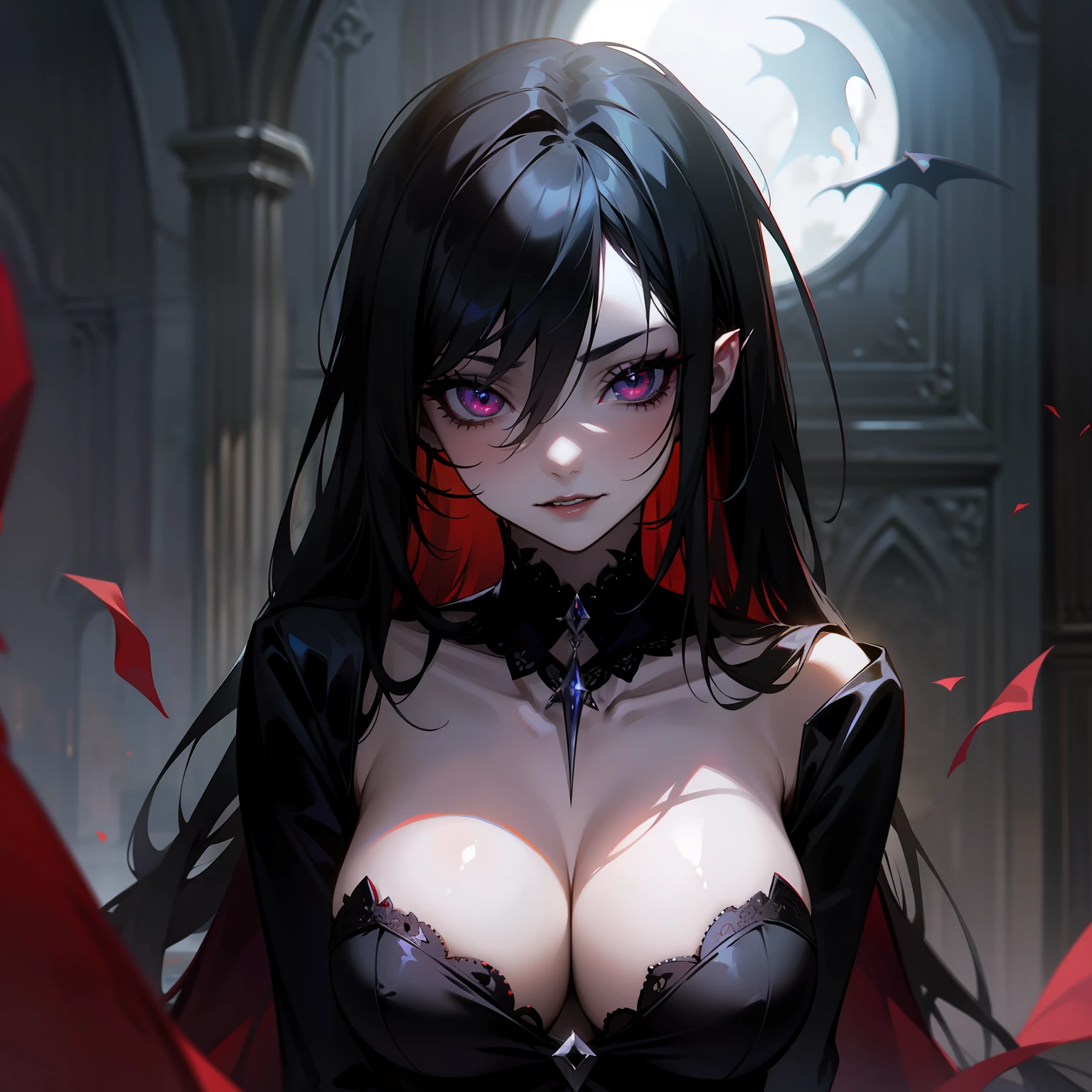 "Sexy gothic fantasy, dark and alluring, elegant vampire with captivating eyes and flowing black hair."