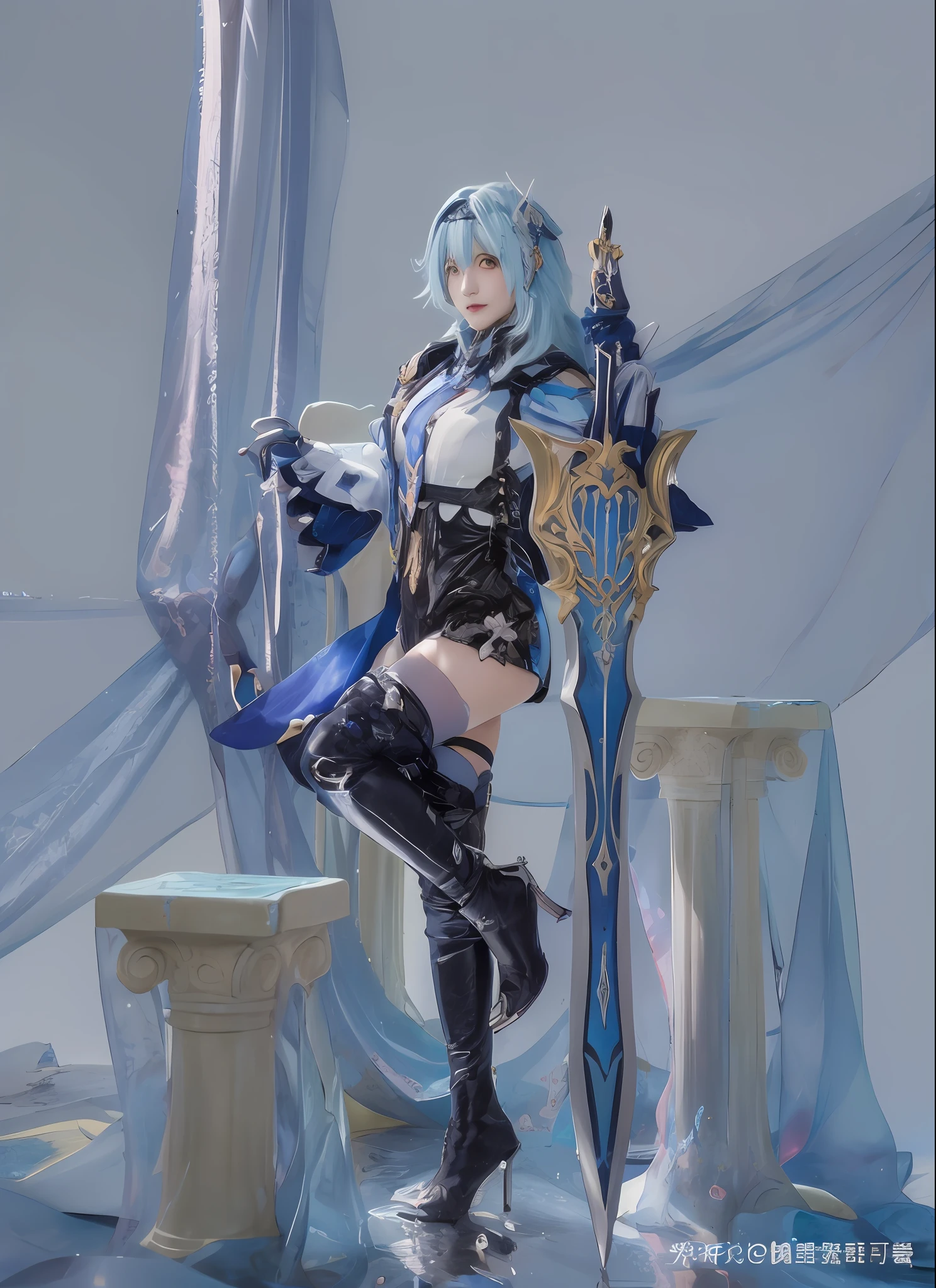 The Arad woman dressed in black and white holds a sword, Gorgeous Role Play, full-body xianxia, Keqing from Genshin Impact, From Lineage 2, Anime girl cosplay, cosplay, pale blue armor, Portrait Chevaliers du Zodiaque Fille, Anime cosplay, alluring elf princess knight, cerulean, aion, Ayaka Genshin impact, Blue Elf