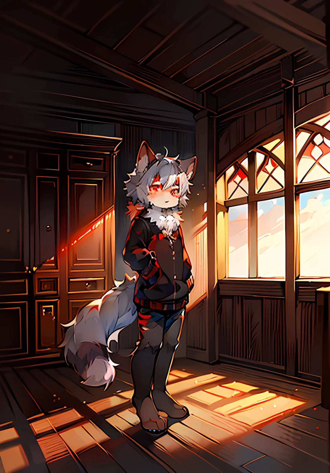(ambiente dark:0.8),Masterpiece,High quality,abstract res,Digital painting\(artwork of a\), by Dagasi, Yupa,Kiyosan,(anthro,Fluffy fur,Character focus:1.1),anthro male dog，Short hair,Portrait , eyes with brightness, in a panoramic view, Character focus.(detailedbackground:0.7), 独奏, shaggy, shaggy male, malefocus, anthr,(Full Body Furry, Fluffy tail, Gray-black fur, red color eyes, Gray hair:1.2), (long canines、pupils、rays of sunshine：1.2），（interiors、the night、：1.1）