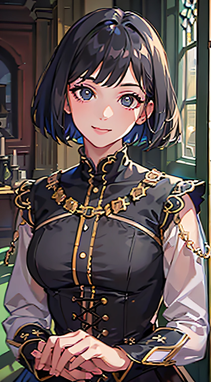 (best quality, masterpiece, highres, super detail:1.3), (realistic textures:0.9), (vibrant colors, dynamic lighting:1), (high contrast:0.9)
, (1girl, solo), (black hair, bob cut,black eyes, light smile), medieval european clothing, commoner clothing
, sharp pupils, (hair detail, hands detailed, fingers detailed, eyes detailed:1.2)
, looking at viewer, full body,