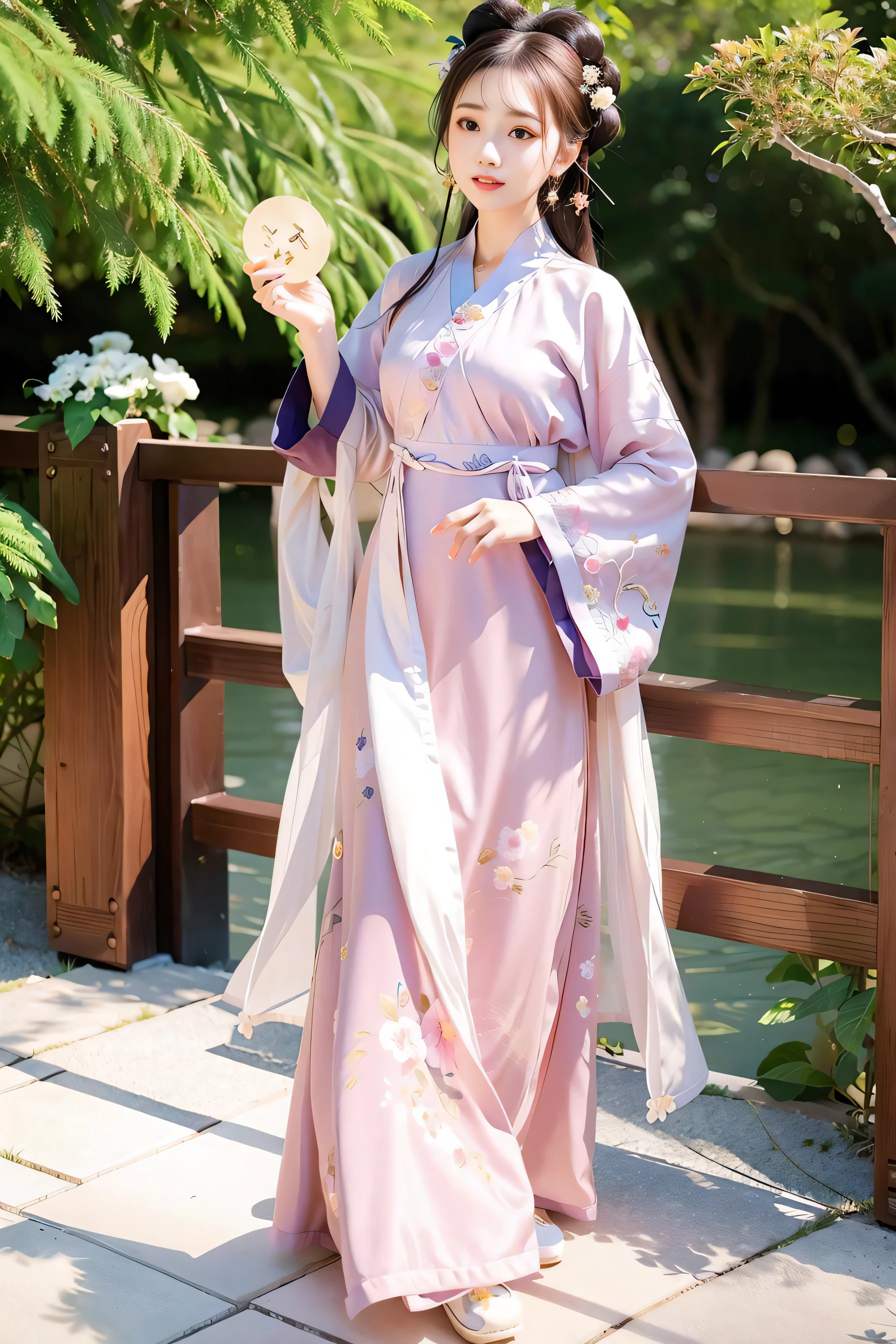 (4k, best quality), (realistic, photo-realistic), perfect hand,cute, dating, (nose blush), (closed mouth) small breasts, beautiful detailed eyes,1girl wearing songstyle,(songstyle,hanfu,full body:1.2)