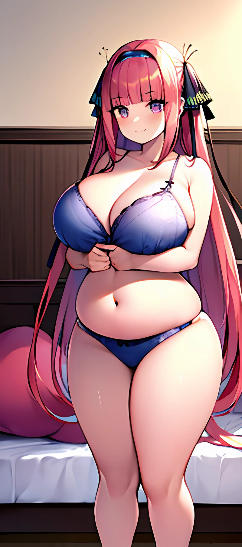 masterpiece, best quality, , straight hair, loose hair, ((blunt bangs)), full body, full shot, (very big breast), cute headband, fat belly, big belly, holding her breast, ((thicc girl)), inside bedroom, smile, (((((very long hair))))), red eyes, cute underwear, standing,