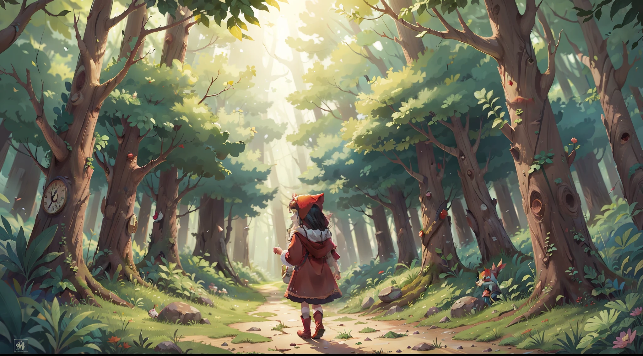 Fairy tale picture book,Little Red Riding Hood walks alone deep in the forest