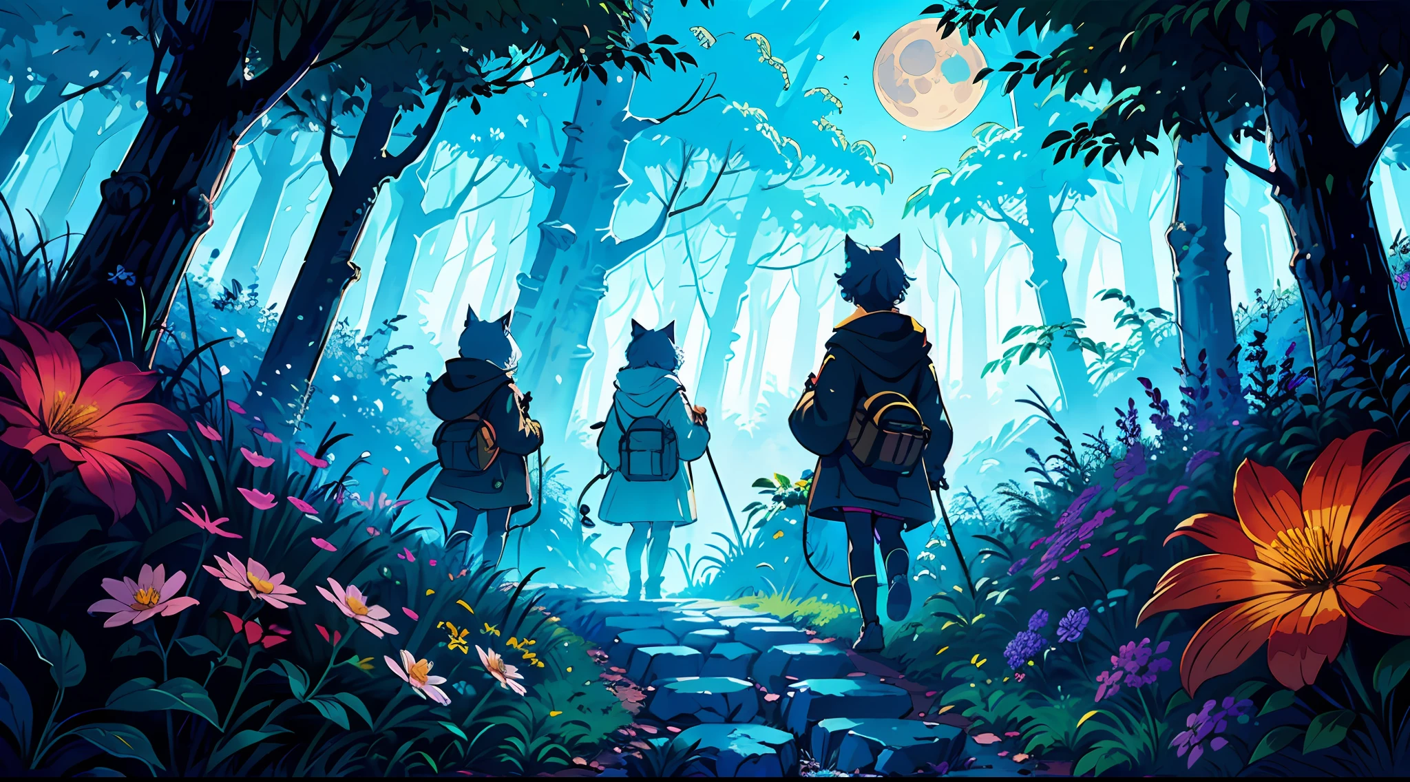 A graphic illustration of a group of small young catgirls entering a magical clearing in a mystic wood, glowing motes of magical light and beautiful flowers surround the clearing, nighttime, large blue moon, crystals, , 8k, 16k
