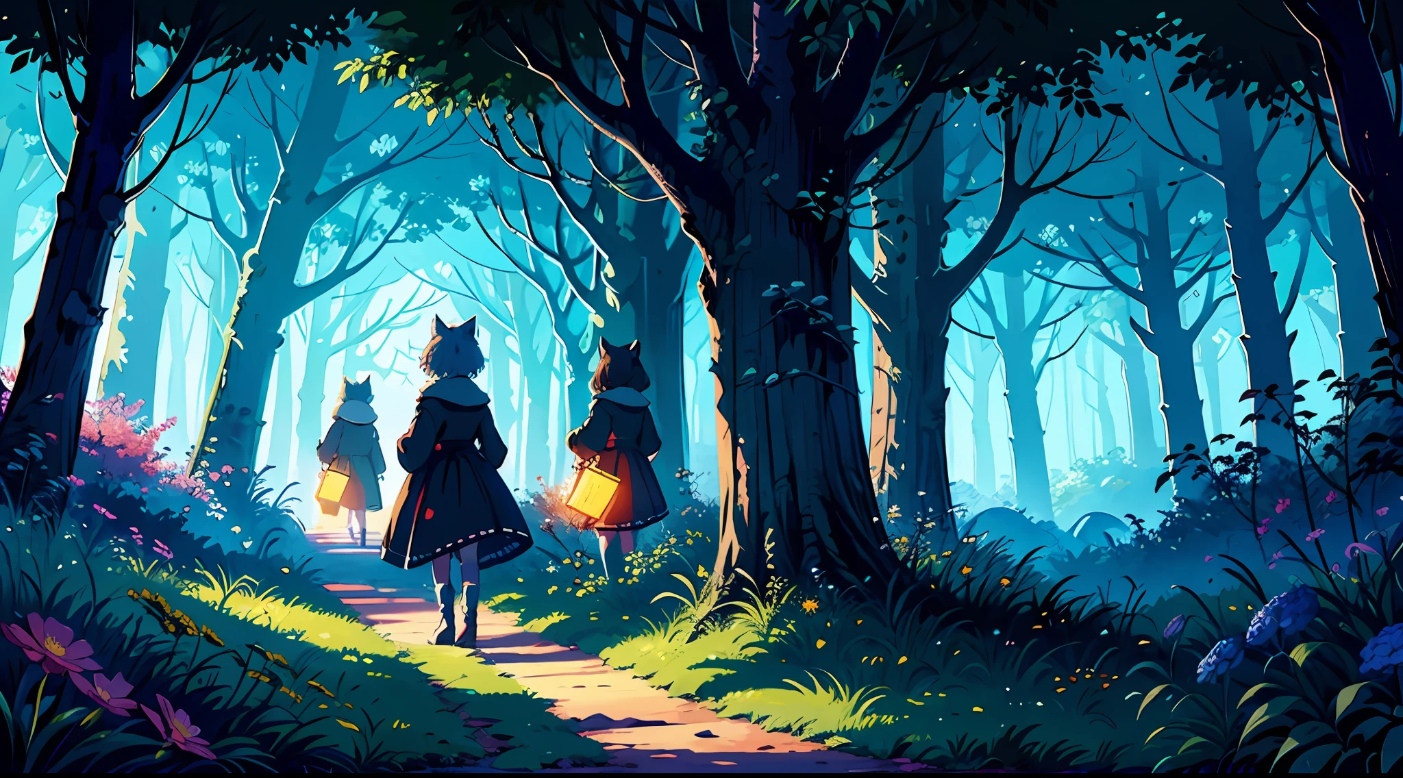 A graphic illustration of a group of small young catgirls entering a magical clearing in a mystic wood, glowing motes of magical light and beautiful flowers surround the clearing, nighttime, large blue moon, crystals, , 8k, 16k