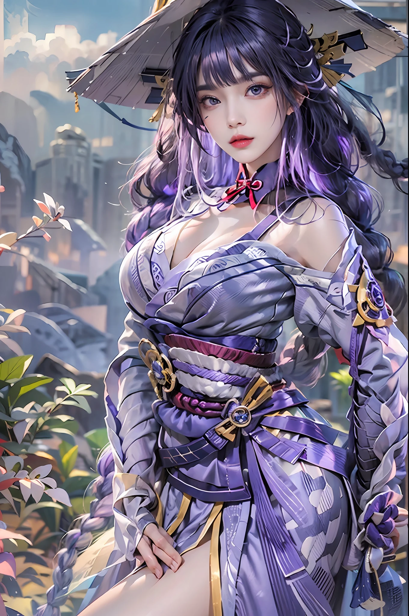 photorealistic, high resolution, 1 girl, hips up, purple hair, blunt bangs, braid, wide sleeves, hair ornament, beautiful eyes, normal breast, raiden shogun costume