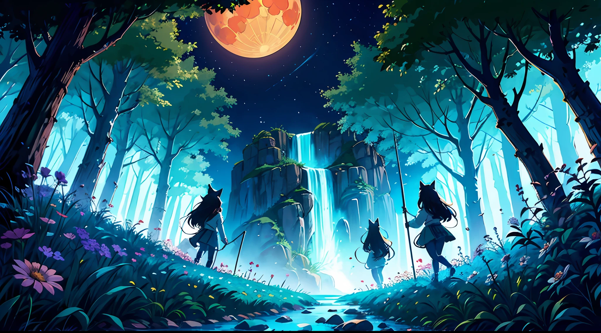 A graphic illustration of a group of small young catgirls entering a magical clearing in a mystic wood, glowing motes of magical light and beautiful flowers surround the clearing, nighttime, large blue moon, crystals, ,  8k, 16k