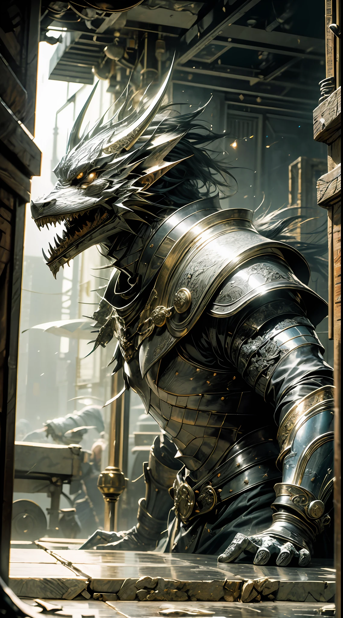 "Cinematic footage of the Silver Armor Warrior Dragon，Elaborate heavy armor glistens in movie lights。”